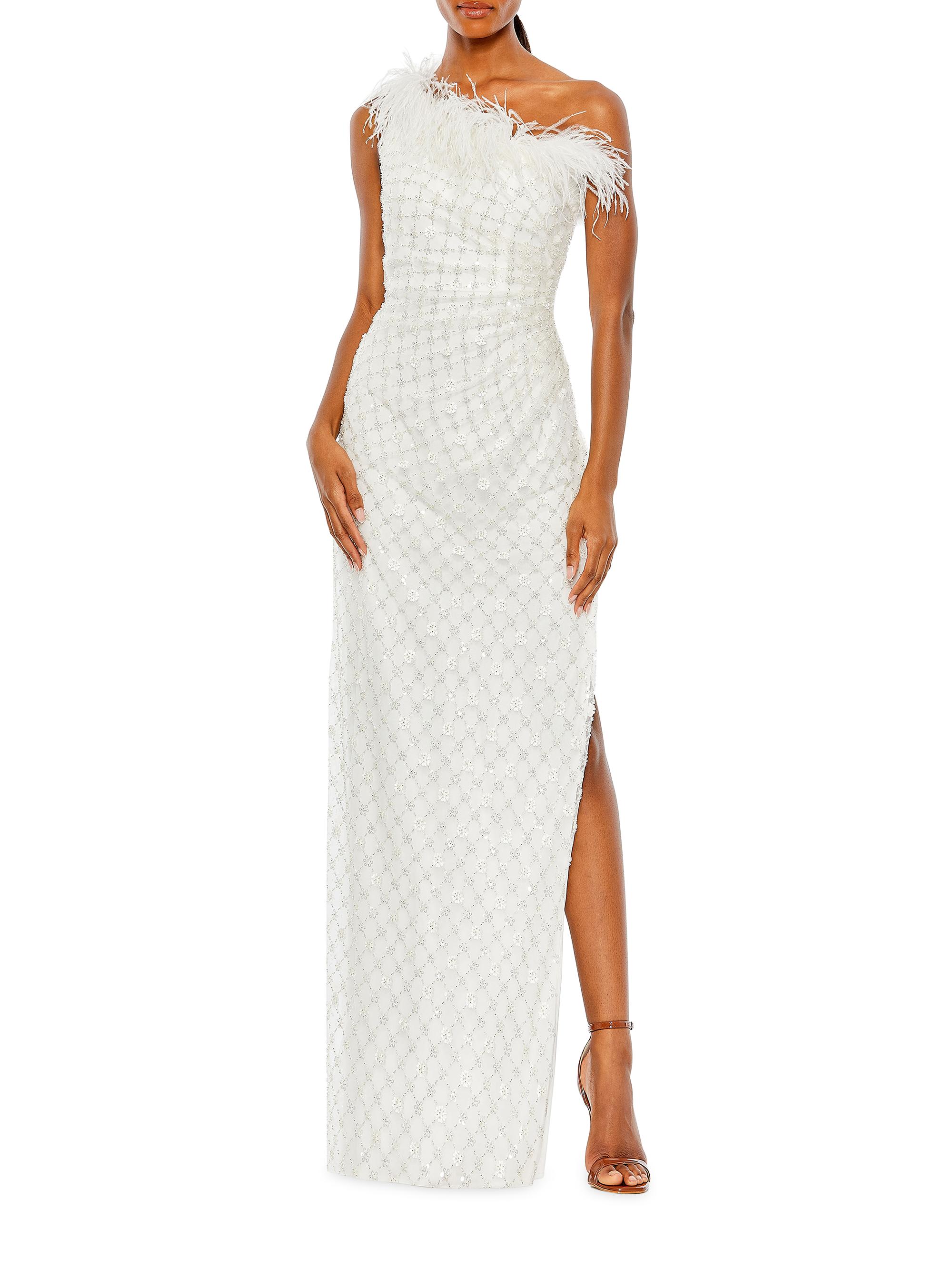 Mac Duggal Women's Floral Feather-Trimmed One-Shoulder Column Gown - White
