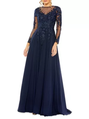 Mac Duggal Women's Embellished Illusion Long-Sleeve A-Line Gown - Midnight