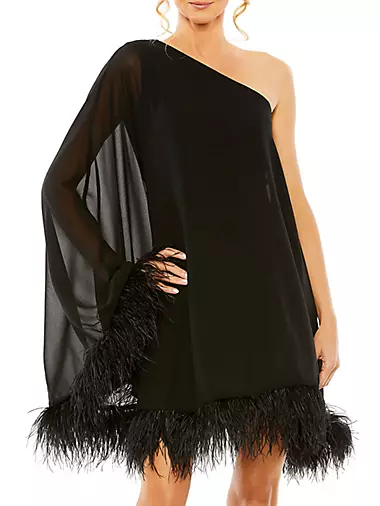 Feather-Trimmed Trapeze One-Shoulder Dress