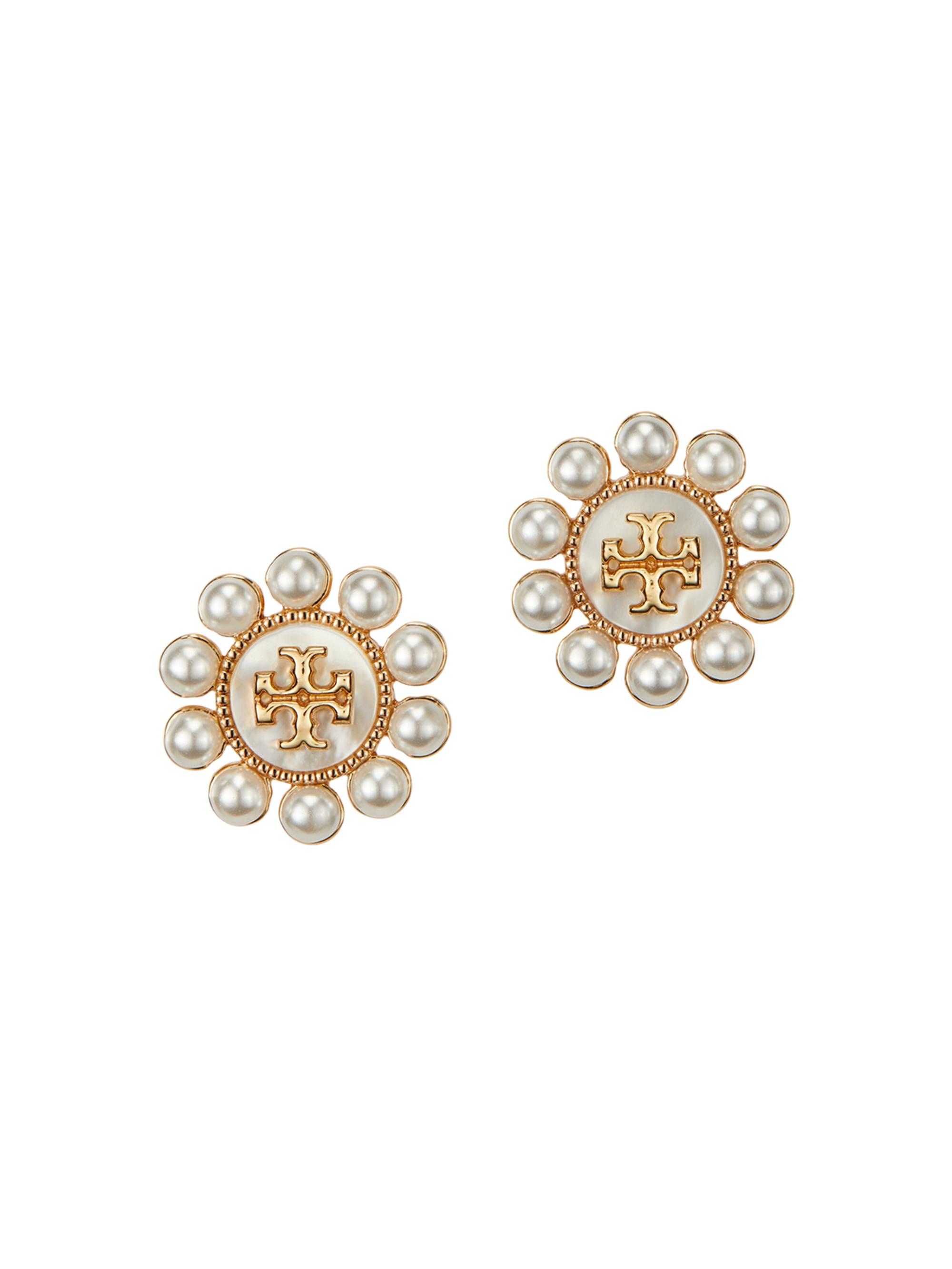 Tory Burch Women's Kira 18K-Gold-Plated, Mother-Of-Pearl & Imitation Pearl Logo Stud Earrings - Tory Gold Cream