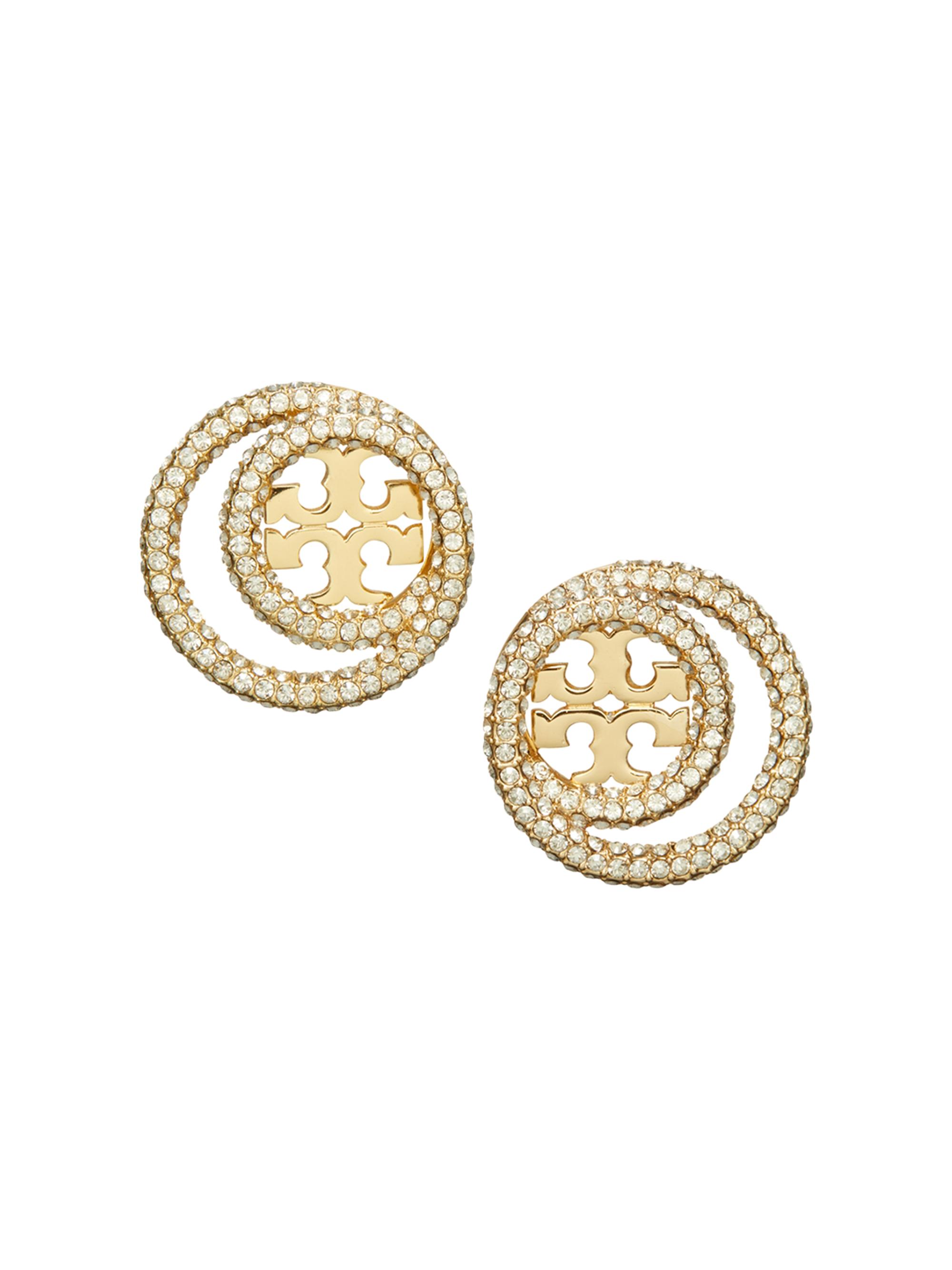 Tory Burch Women's Miller 18K-Gold-Plated & Crystal Logo Stud Earrings - Tory Gold Crystal