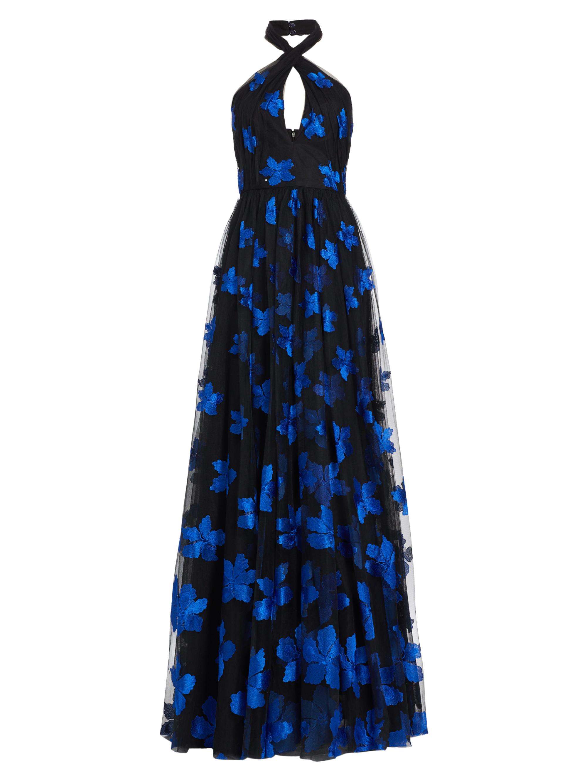 ML Monique Lhuillier Women's Claudette Floral Tulle Halter Gown - Black Rich Blue