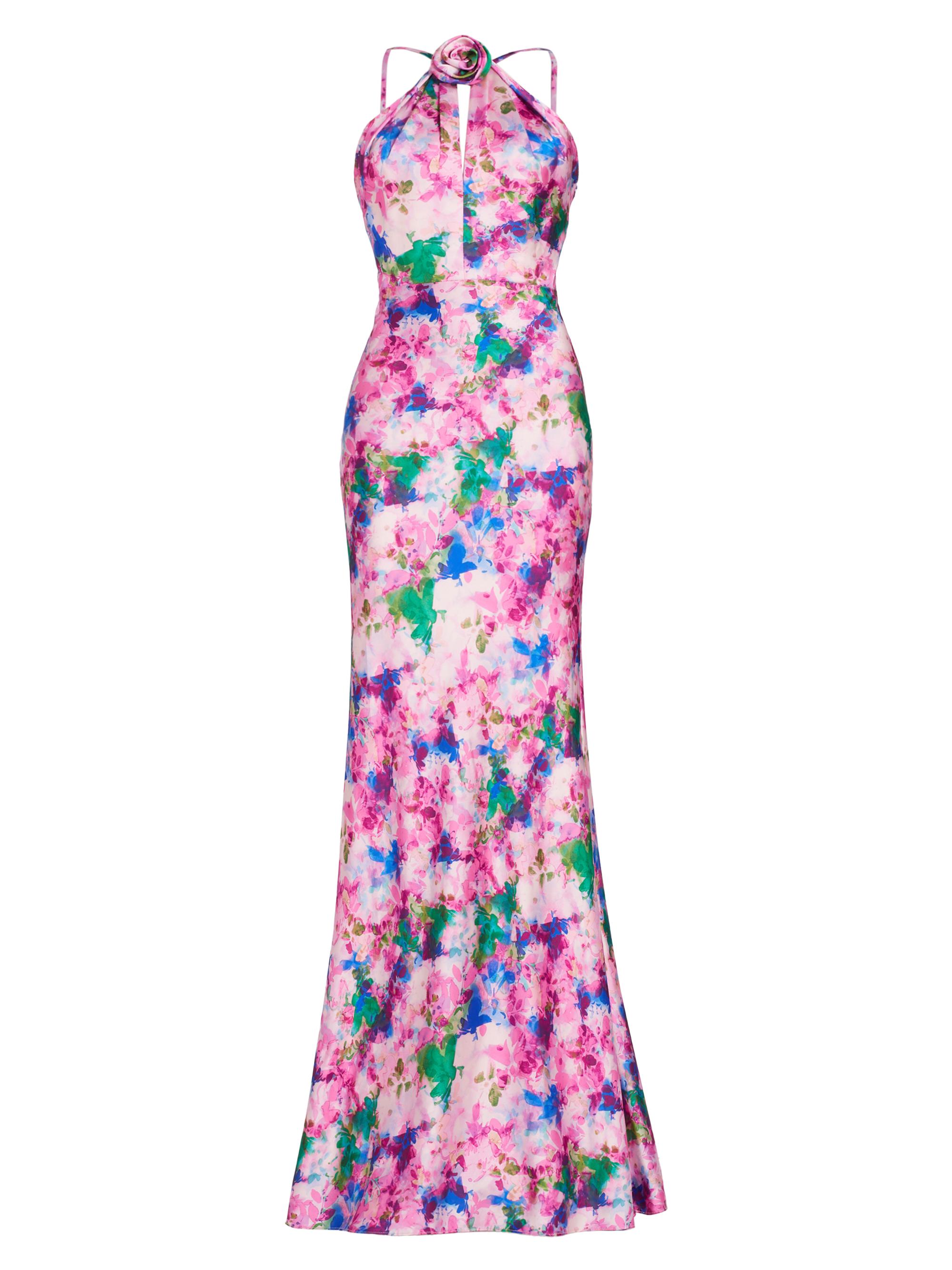 ML Monique Lhuillier Women's Violette Satin Floral Halter Gown - Waterlily Floral