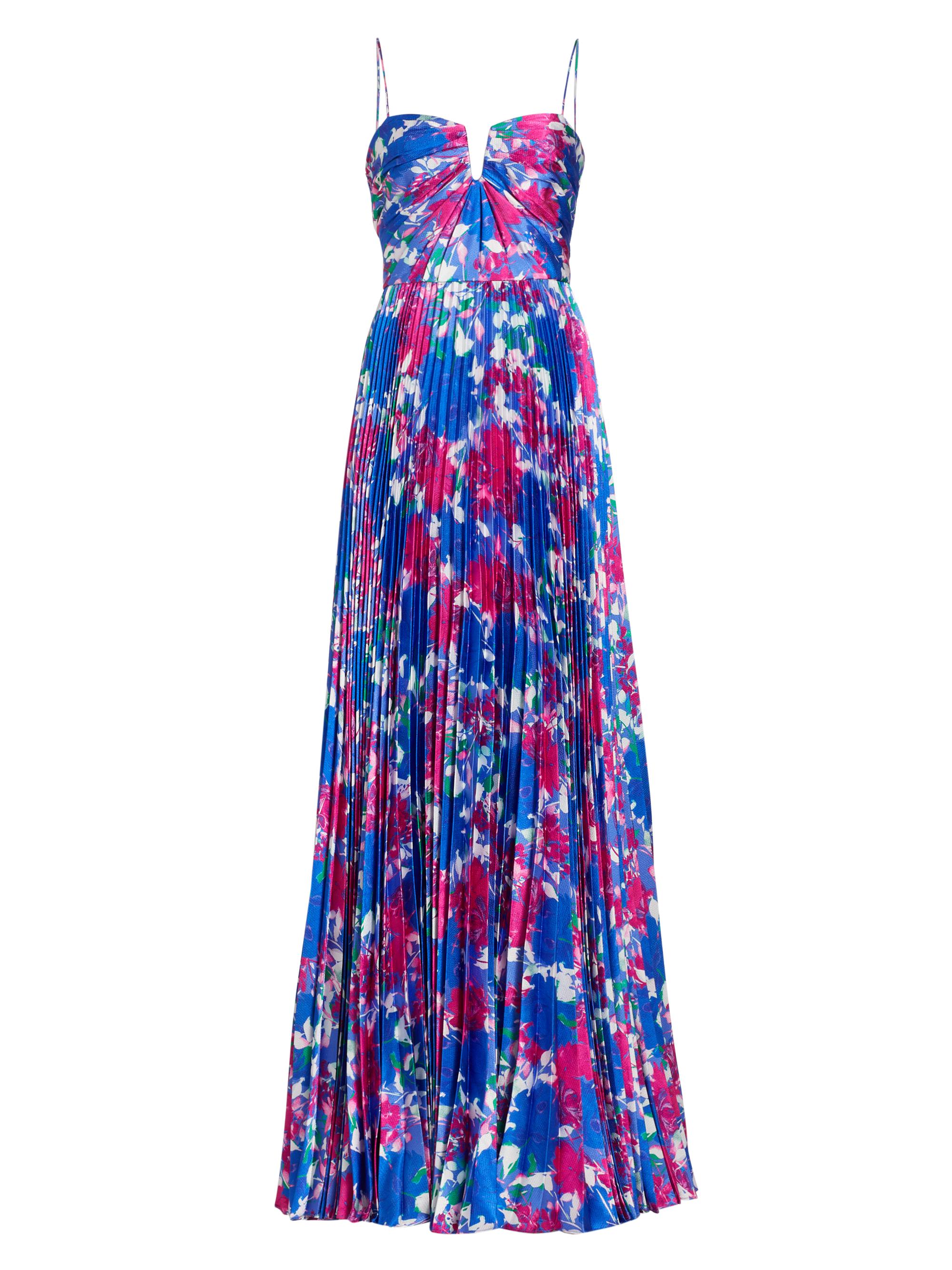 ML Monique Lhuillier Women's Evelyn Satin Floral Pleated Gown - Hydrangea Gardens