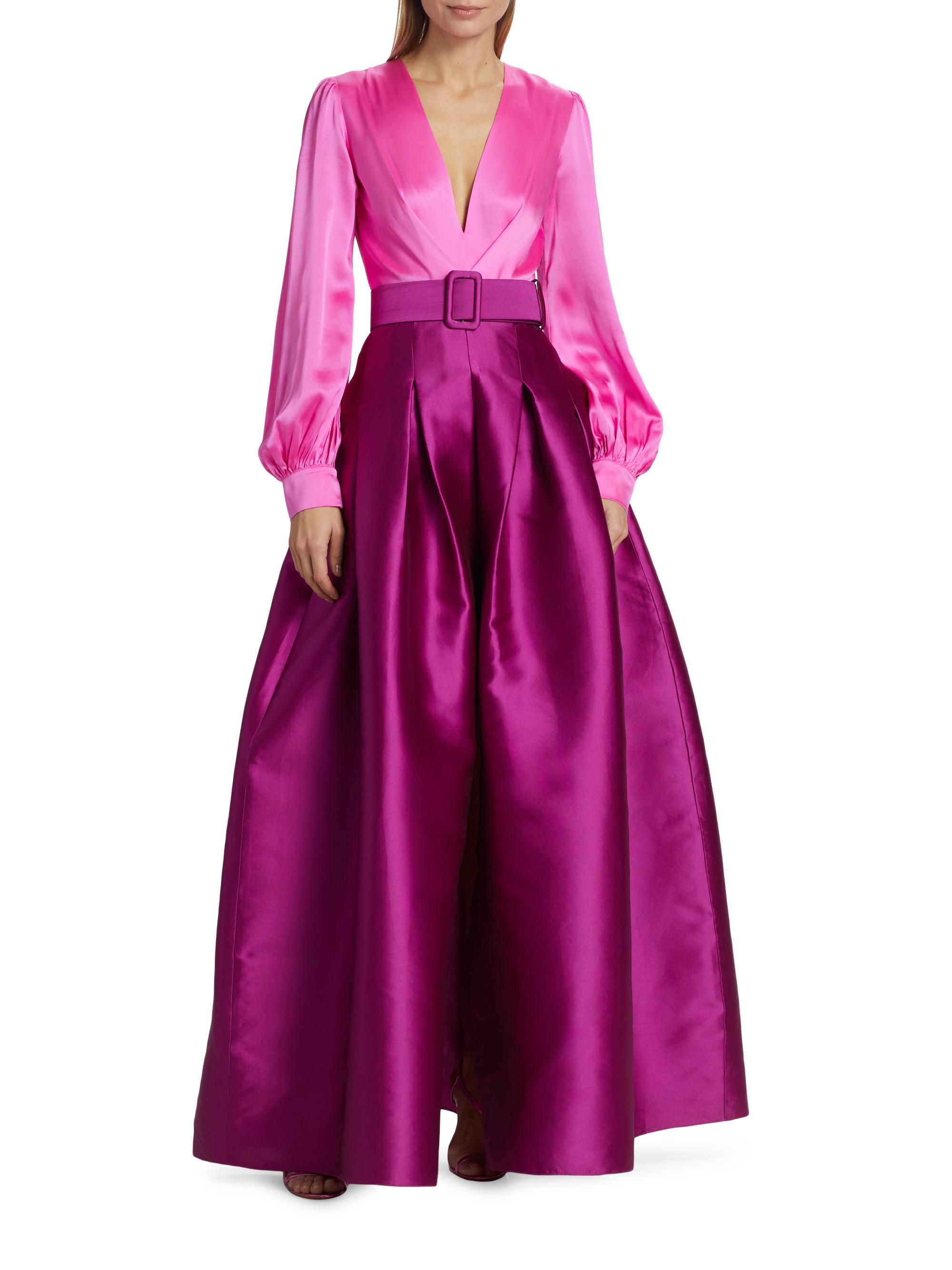 SACHIN BABI Zoe Satin Colorblocked Belted Gown | Saks Fifth Avenue