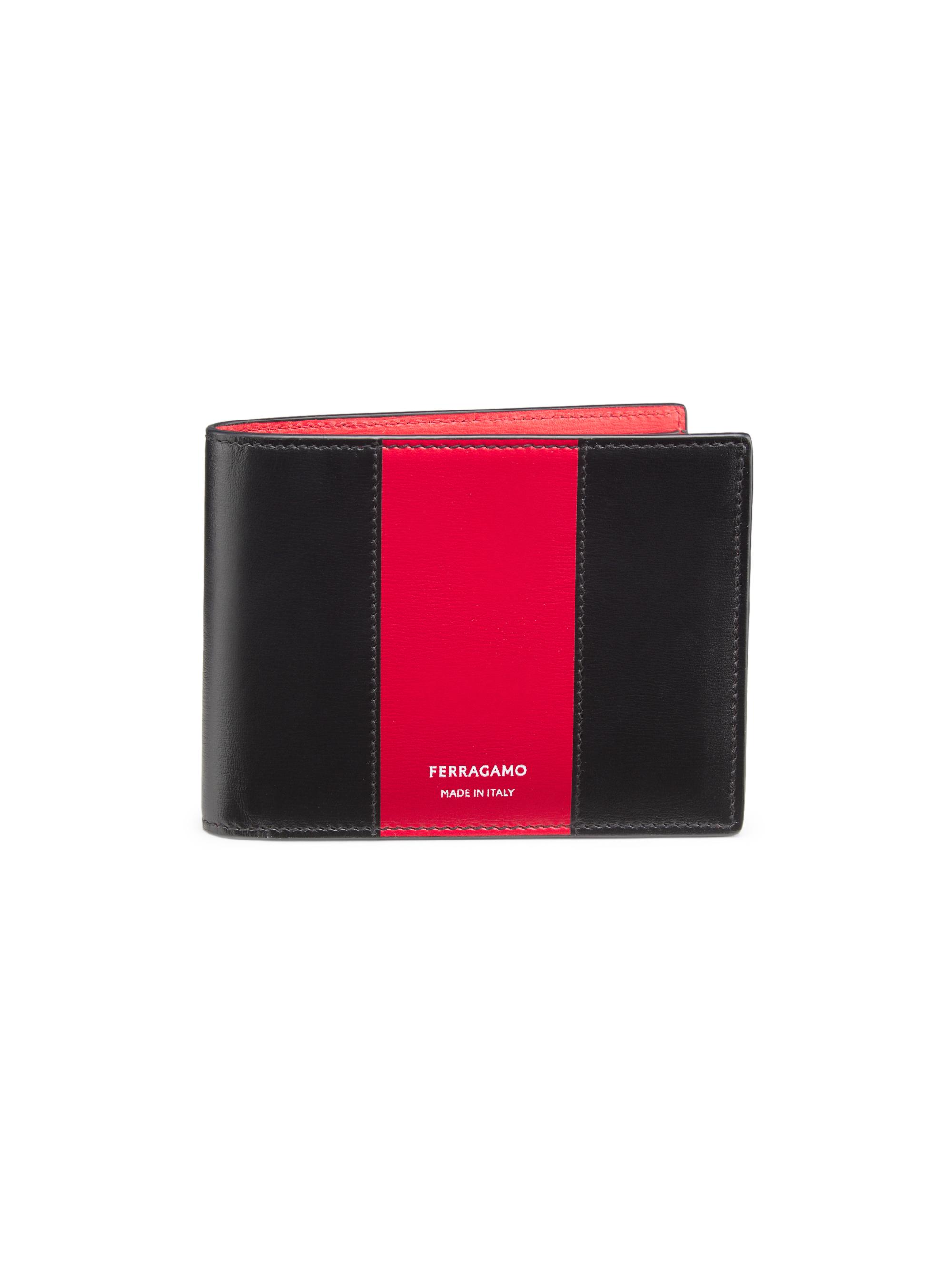 FERRAGAMO Men's Leather Bifold Wallet - Nero Flame Red