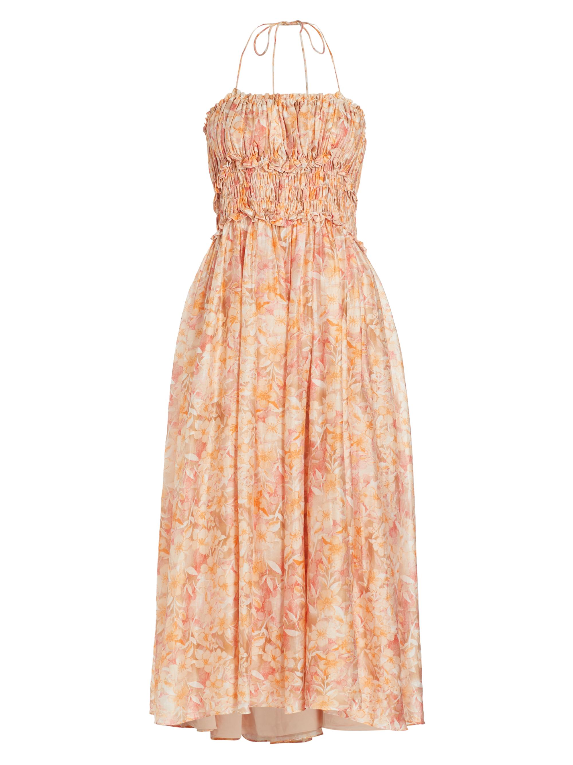 En Saison Women's Malese Floral Shirred Midi-Dress - Orange Coral