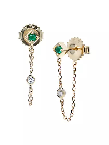Cléo Rhombus Chain 14K Yellow Gold, 0.06 TCW Diamond & Emerald Drop Earrings