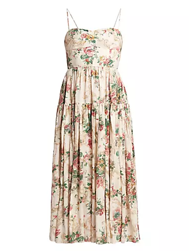 Pleated Floral Linen Midi-Dress