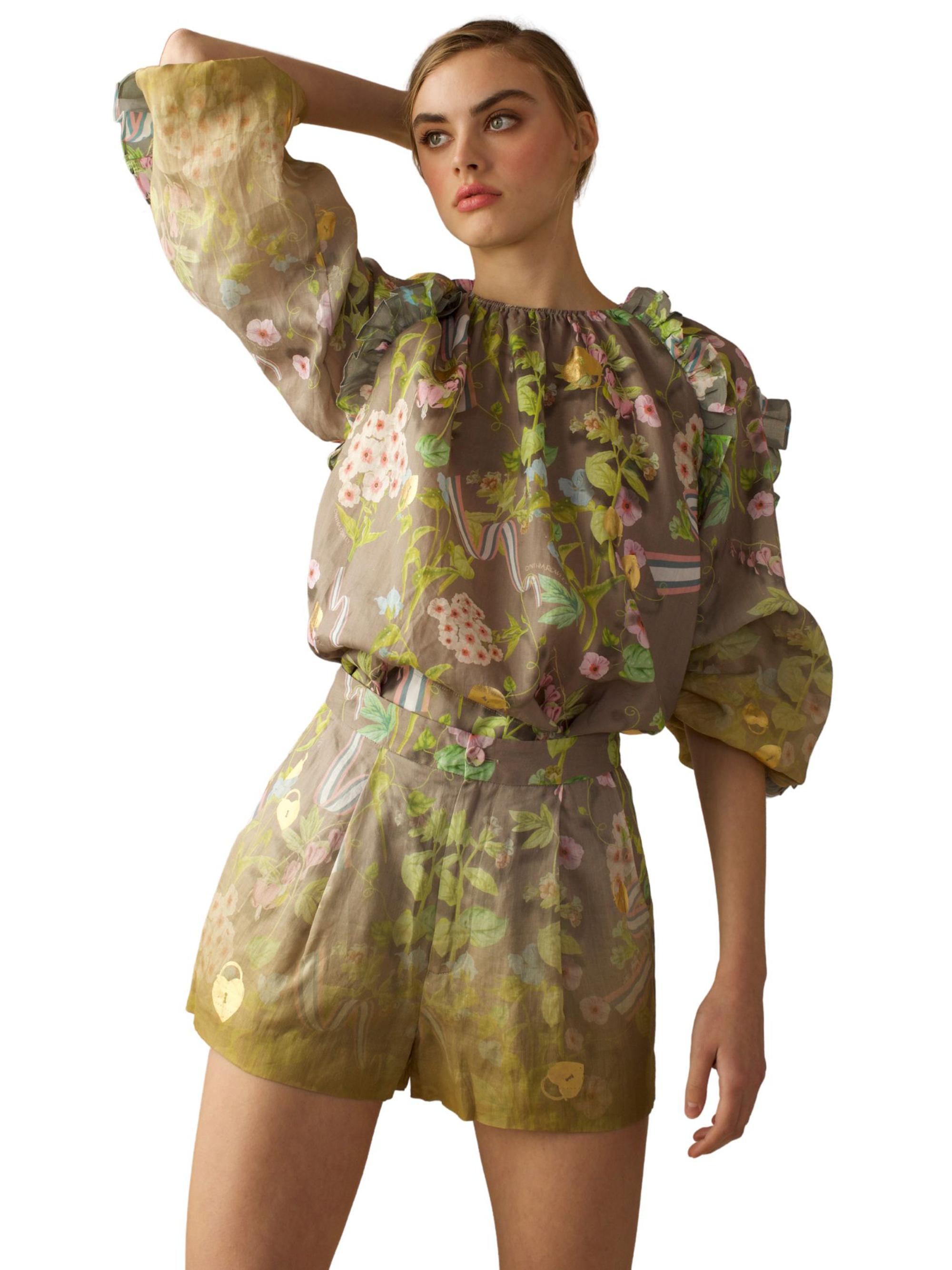 Cynthia Rowley Women's Floral Puff Sleeve Blouse - Camel Multi