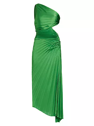 Dahlia Pleated Satin One-Shoulder Midi-Dress