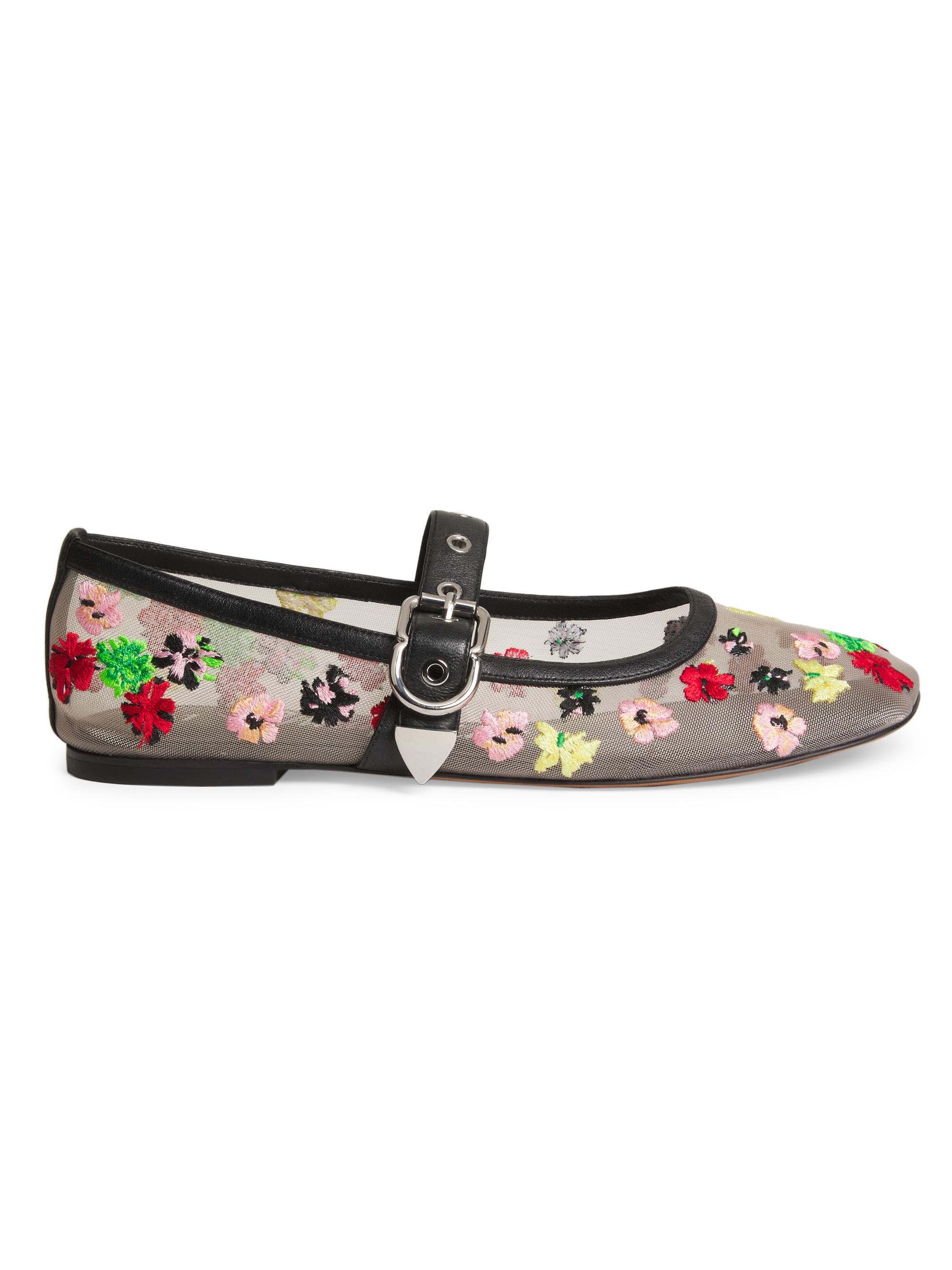 Flowerworks Floral-Embroidered Mesh Mary Jane Flats