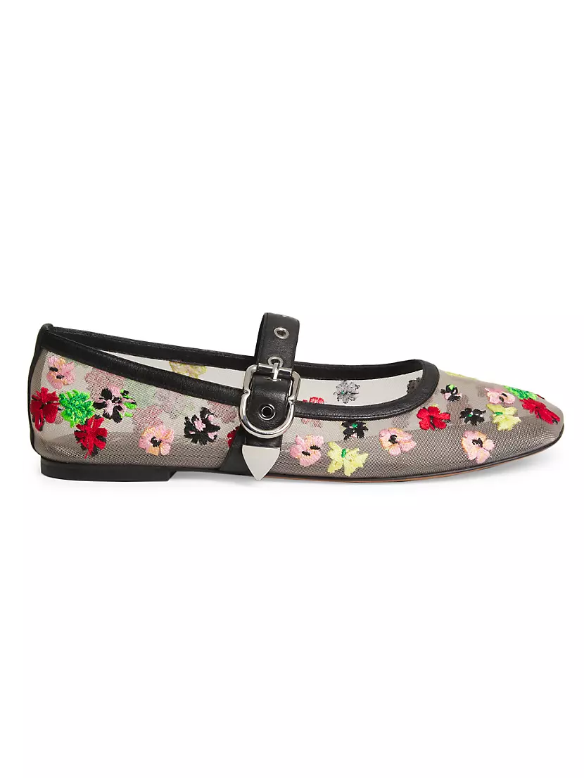 Flowerworks Floral-Embroidered Mesh Mary Jane Flats