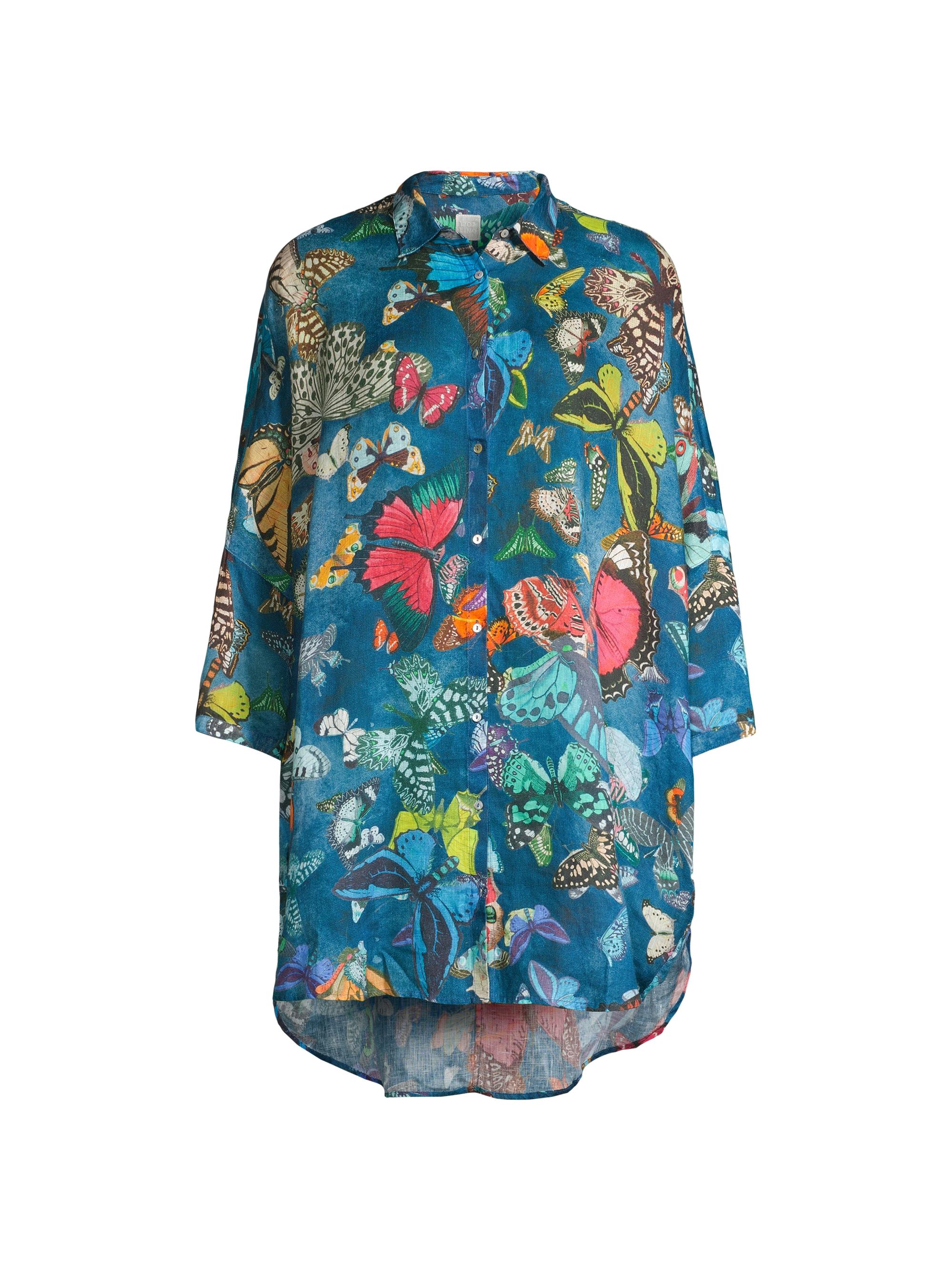 120% Lino Women's Linen Butterfly Tunic - Blue Butterfly