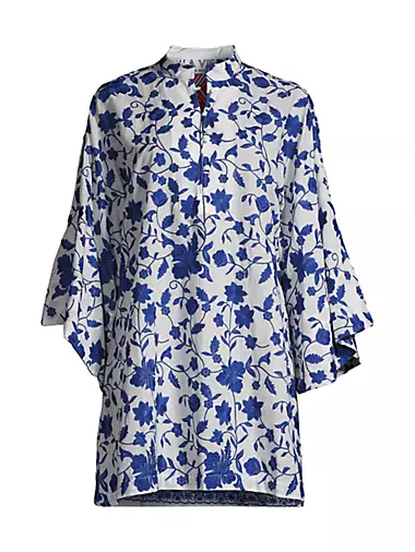 Floral Embroidered Cotton Long-Sleeve Mini Caftan