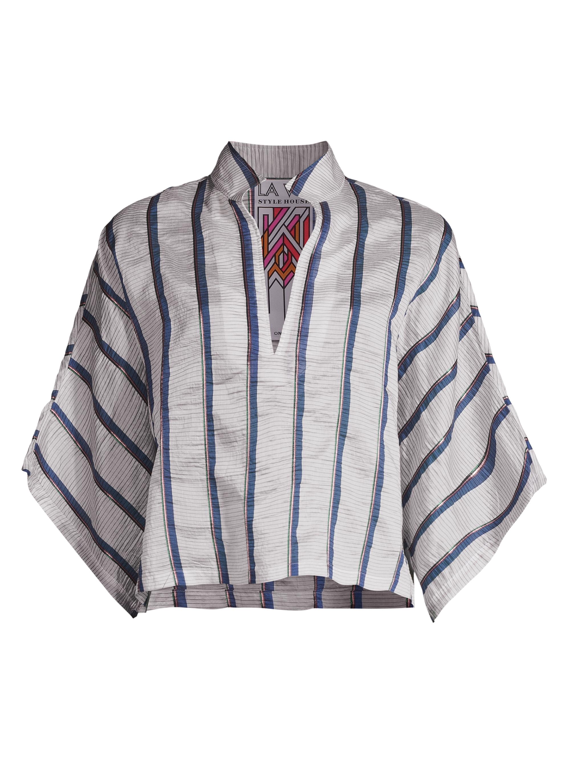 La Vie Style House Women's Striped V-Neck Three-Quarter-Sleeve Top - Blue White