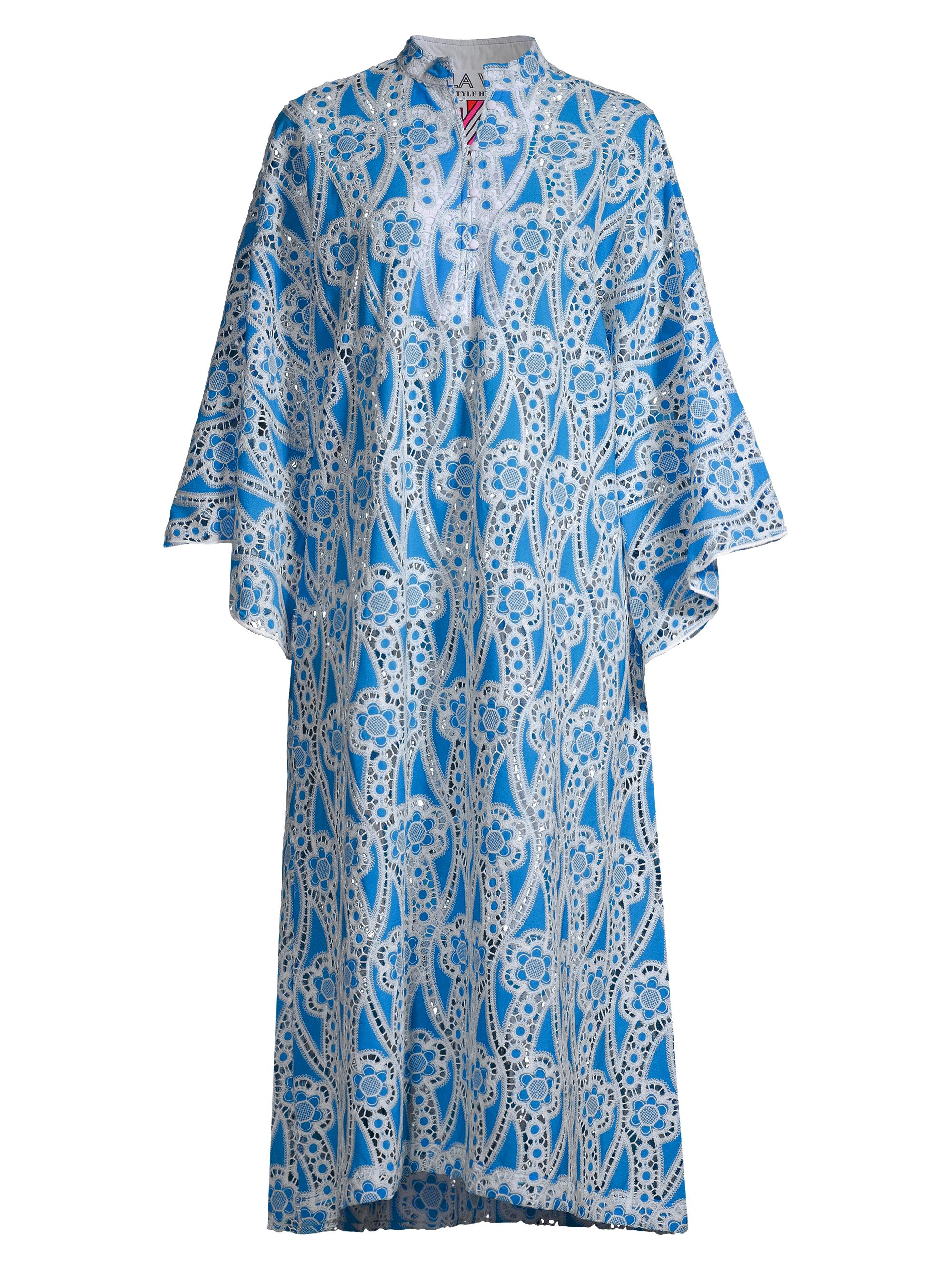 La Vie Style House Women's Floral Appliqué Lace Maxi Caftan - Cyan Blue