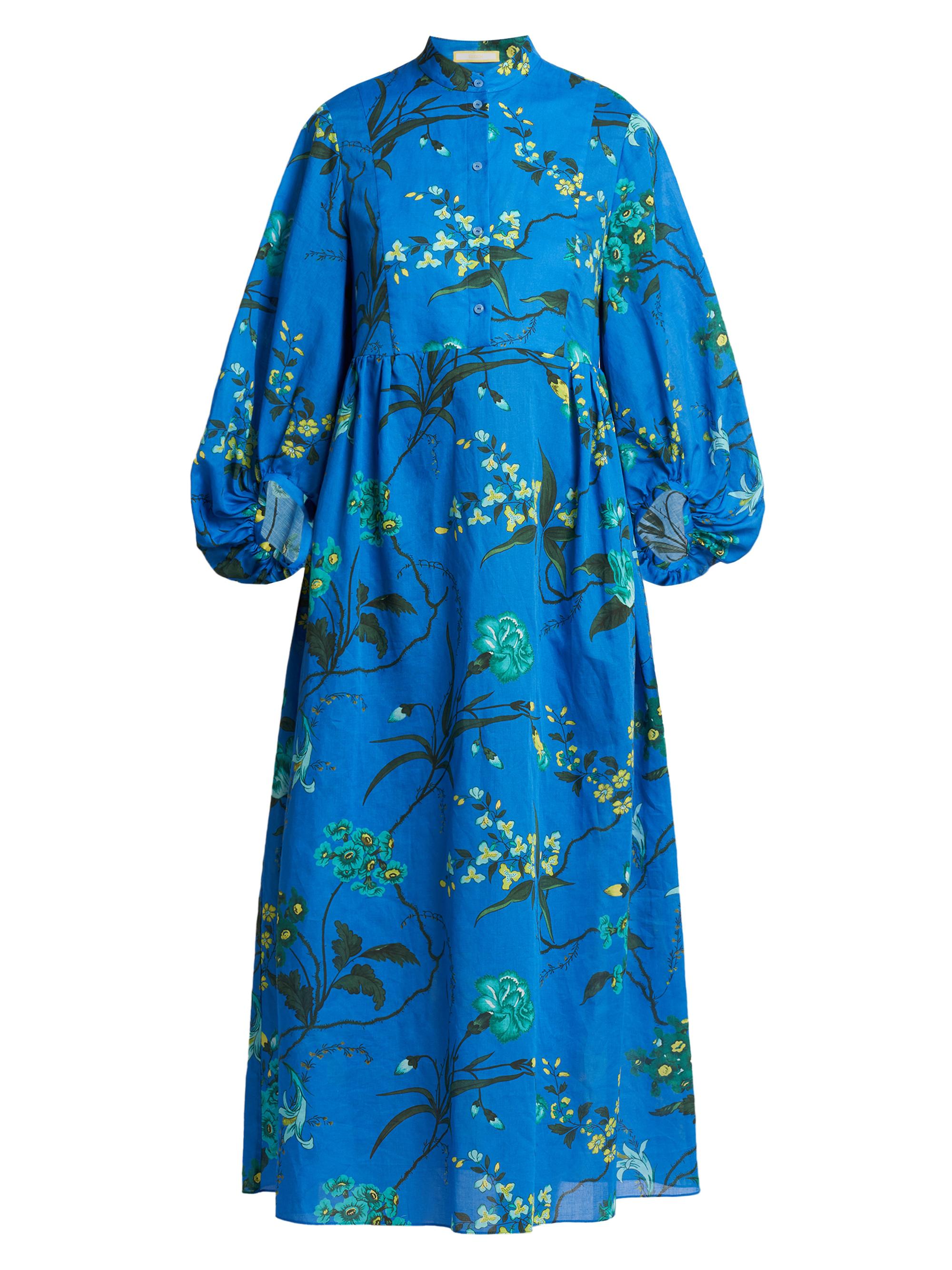 Erdem Women's Floral Bubble-Sleeve Midi-Dress - Blue