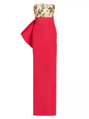Oscar de la Renta Women's Painted Poppies Faille Gown - Raspberry