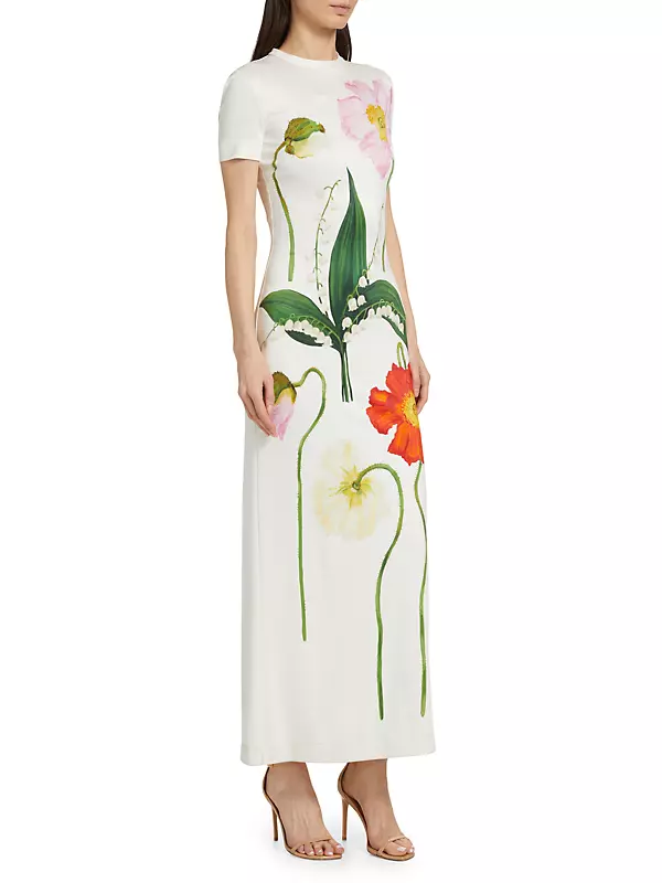 Oscar de la Renta Polka-dot Floral Cotton Maxi Dress in White