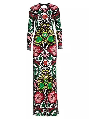 Delora Floral Damask Open-Back Maxi Dress