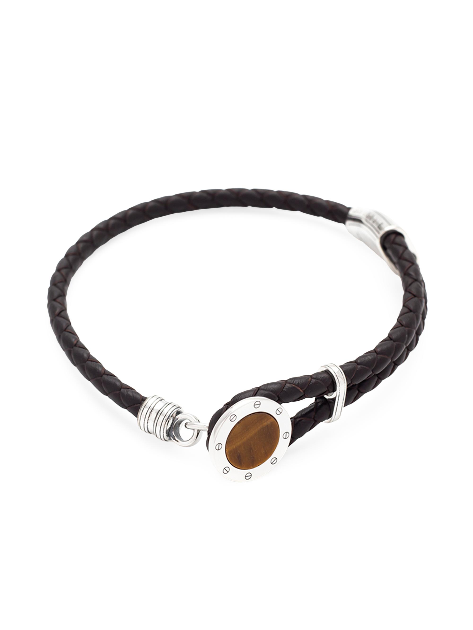 Jan Leslie Men's Tiger's Eye, Sterling Silver, & Braided Leather Key Hole Bracelet - Silver Tigers Eye