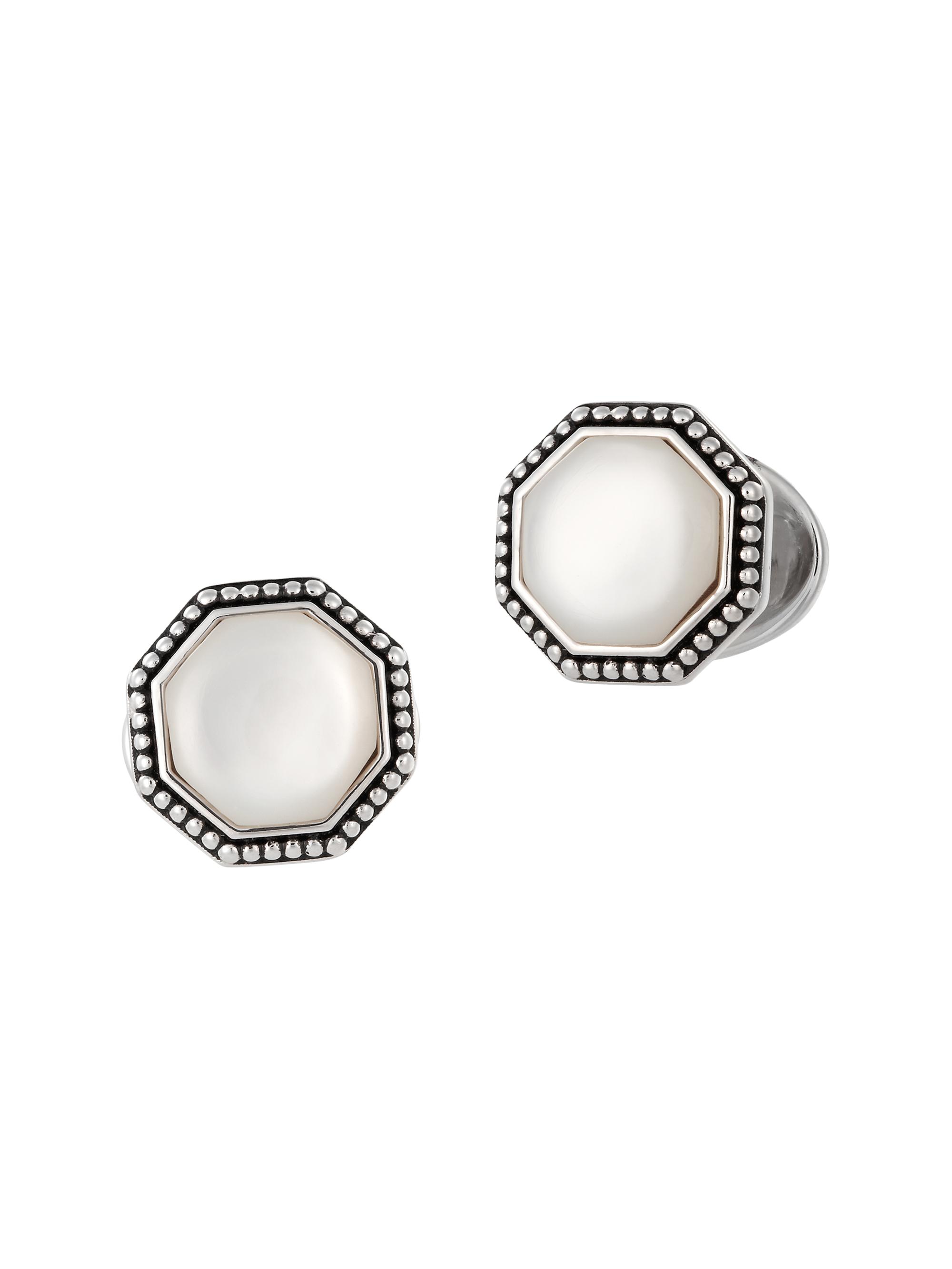 Jan Leslie Men's Mother Of Pearl & Sterling Silver Antique Bordered Cufflinks - Silver White Pearl