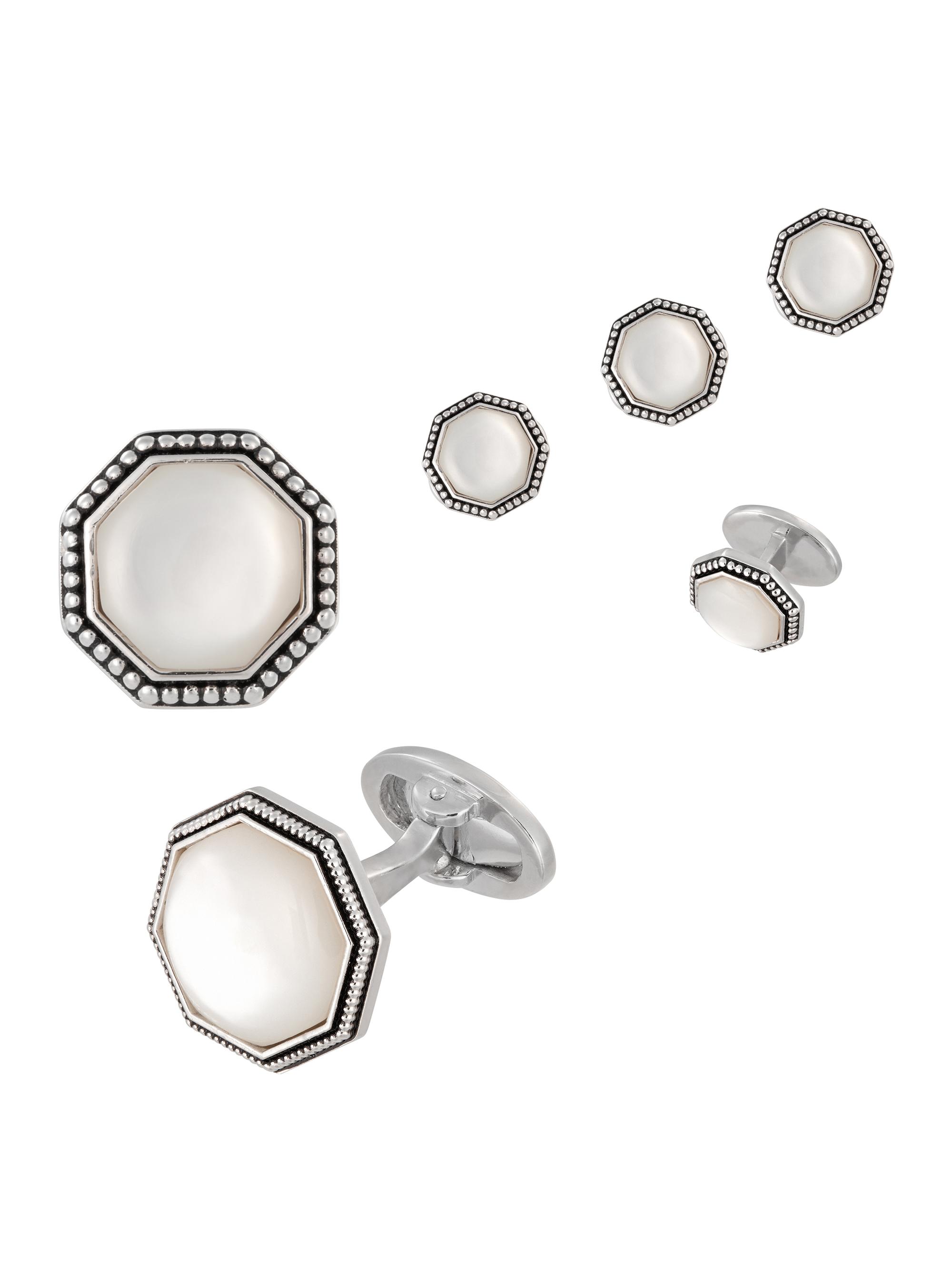 Jan Leslie Men's Mother Of Pearl & Sterling Silver Antique Bordered Cufflinks & Tuxedo Studs 6-Piece Set - Silver White Pearl