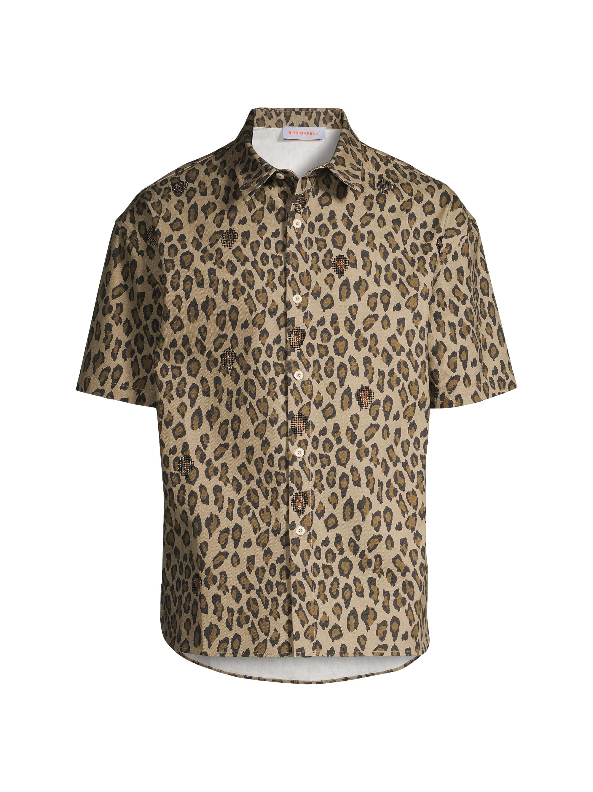 Bluemarble Men's Embellished Leopard Cotton Twill Button-Up Shirt - Leopard Beige
