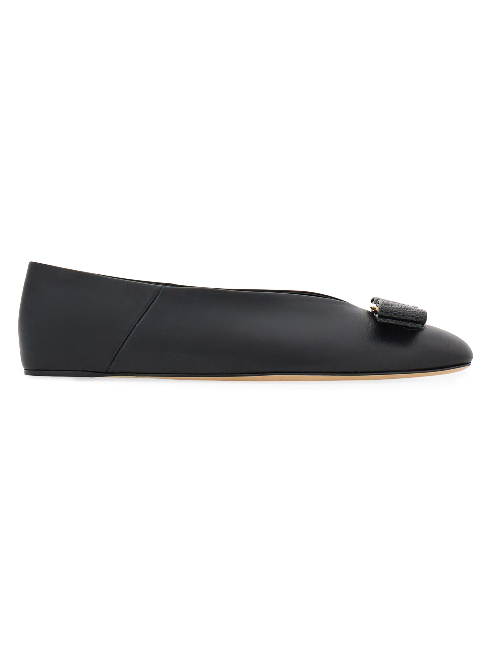 FERRAGAMO Women's Vanna Bow-Embellished Leather Flats - Nero