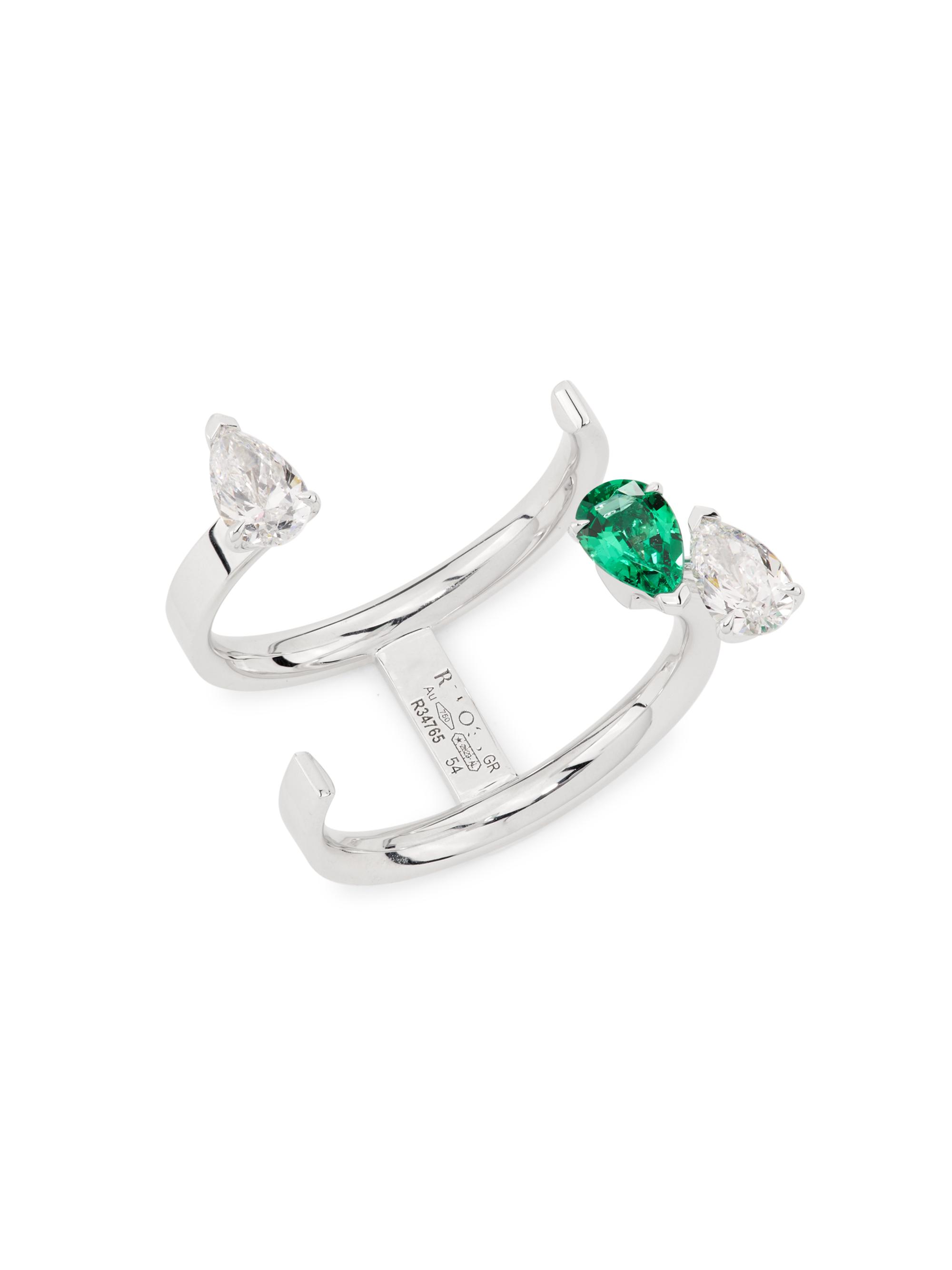 Repossi Women's Serti Sur Vide Serti 18K White Gold, 0.60 TCW Diamond & Emerald Cuff Ring - White Gold