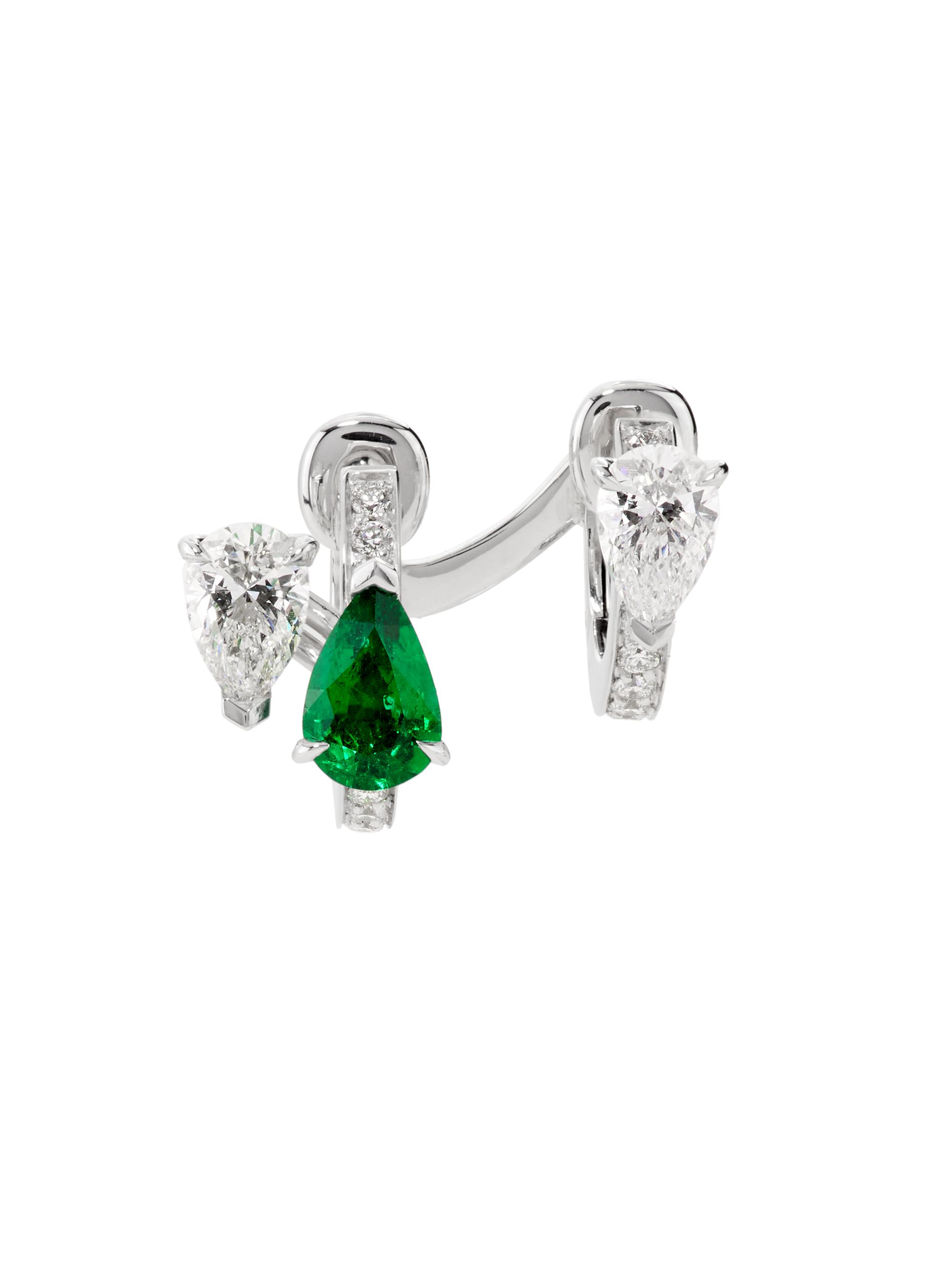 Repossi Women's Serti Sur Vide 18K White Gold, 0.52 TCW Diamond & Emerald Single Huggie Hoop Earring Or Right - White Gold