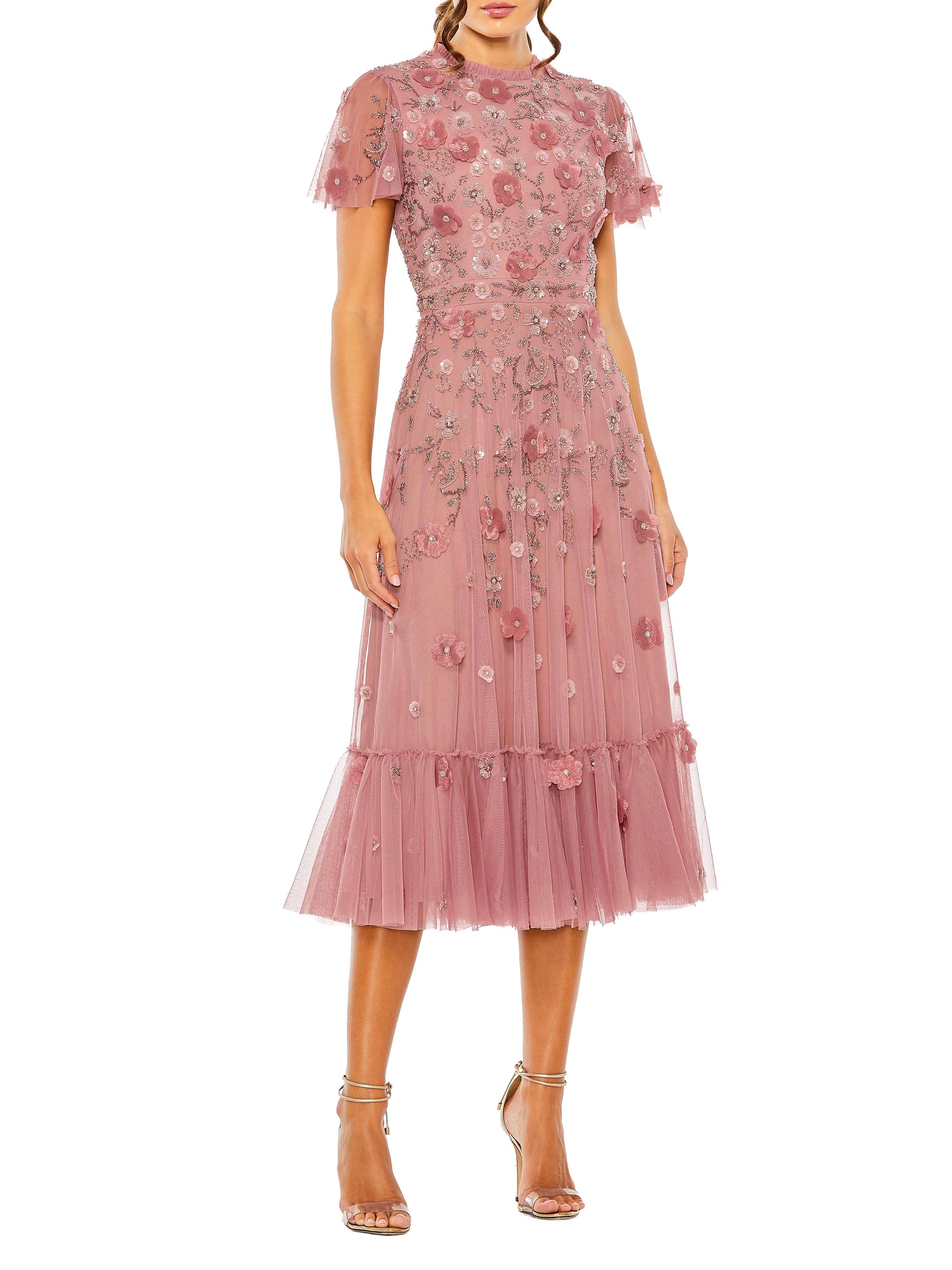 Sequined Floral Tulle Midi-Dress