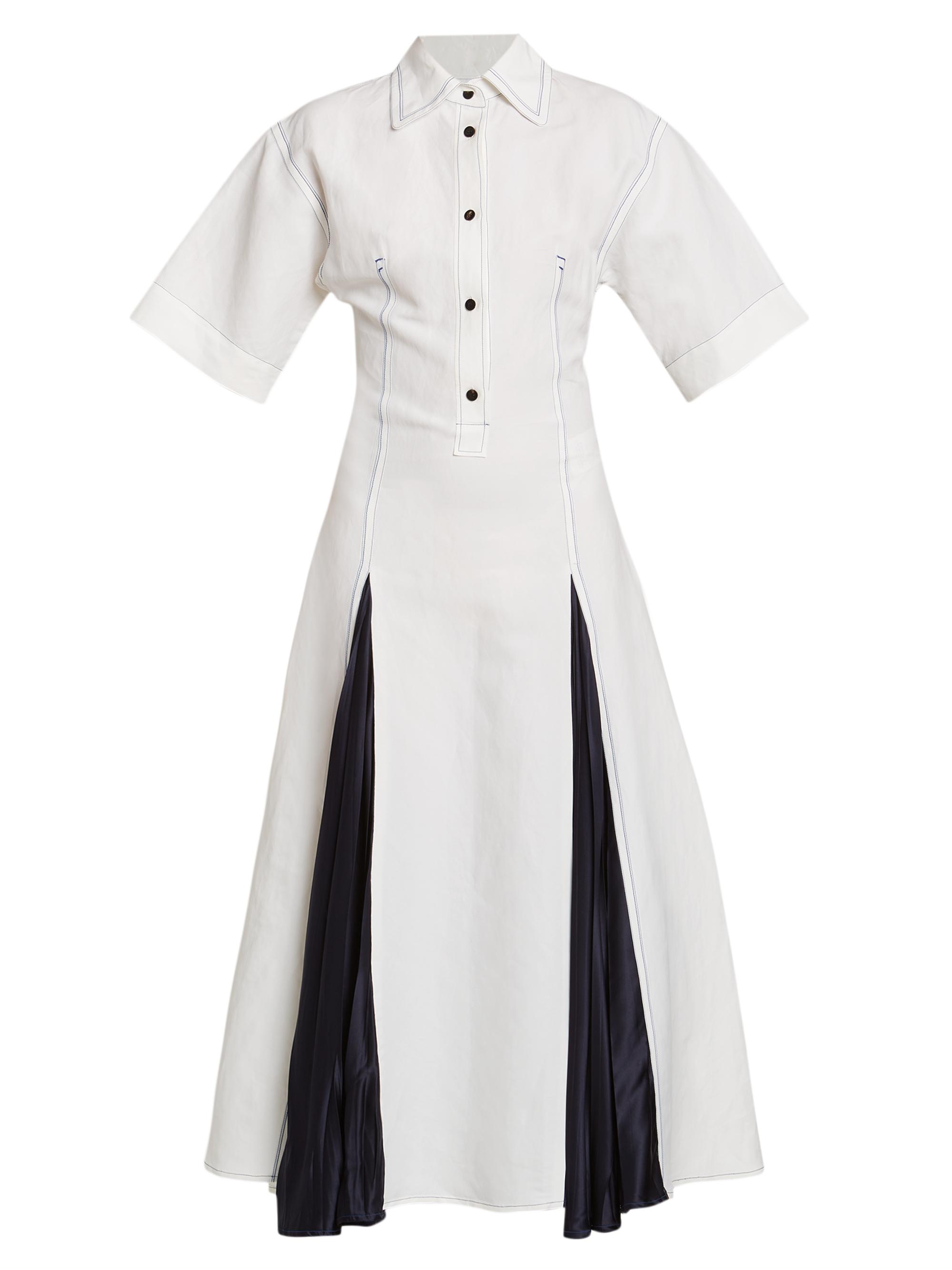FERRAGAMO Women's Contrast Godet Midi Shirtdress - White Navy
