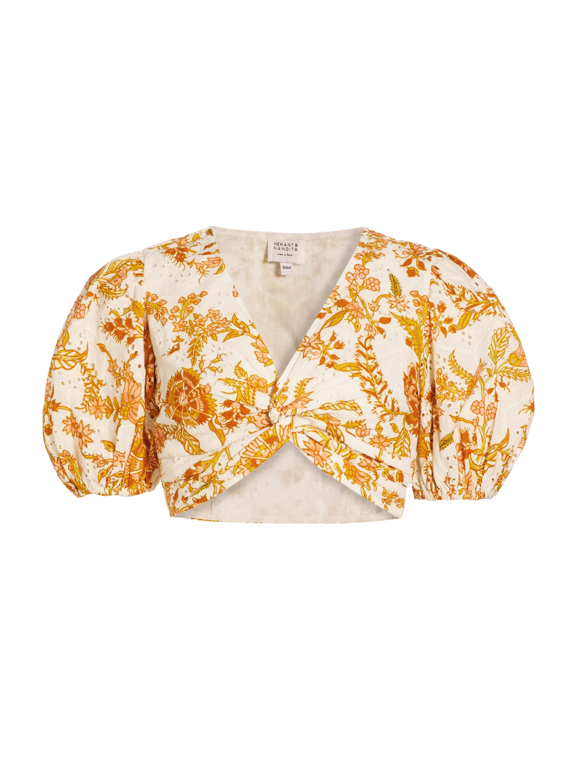 Hemant & Nandita Women's Floral Puff-Sleeve Crop Top - Off White