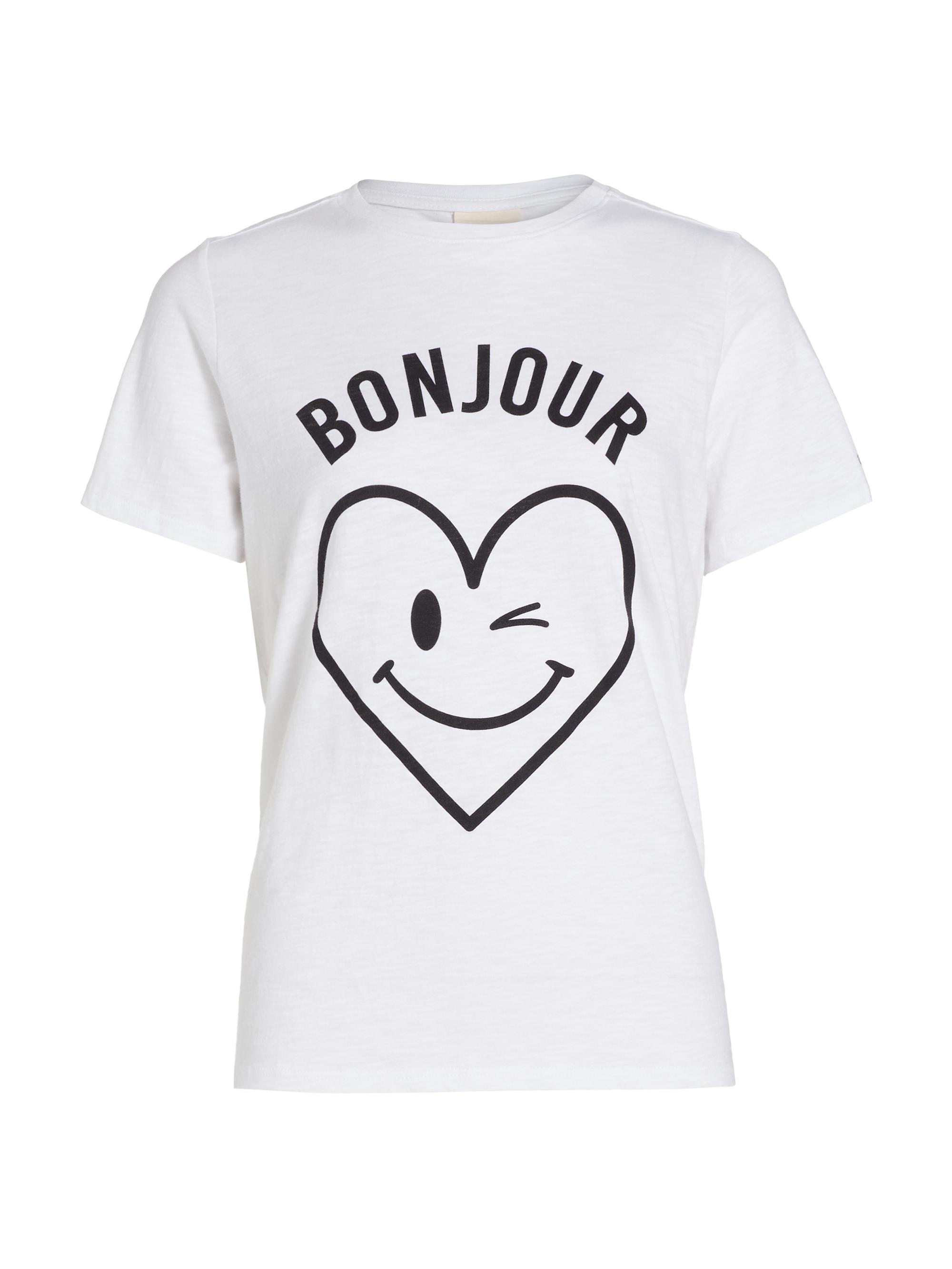Cinq à Sept Women's Bonjour Smiling Heat Graphic Cotton T-Shirt - White Black
