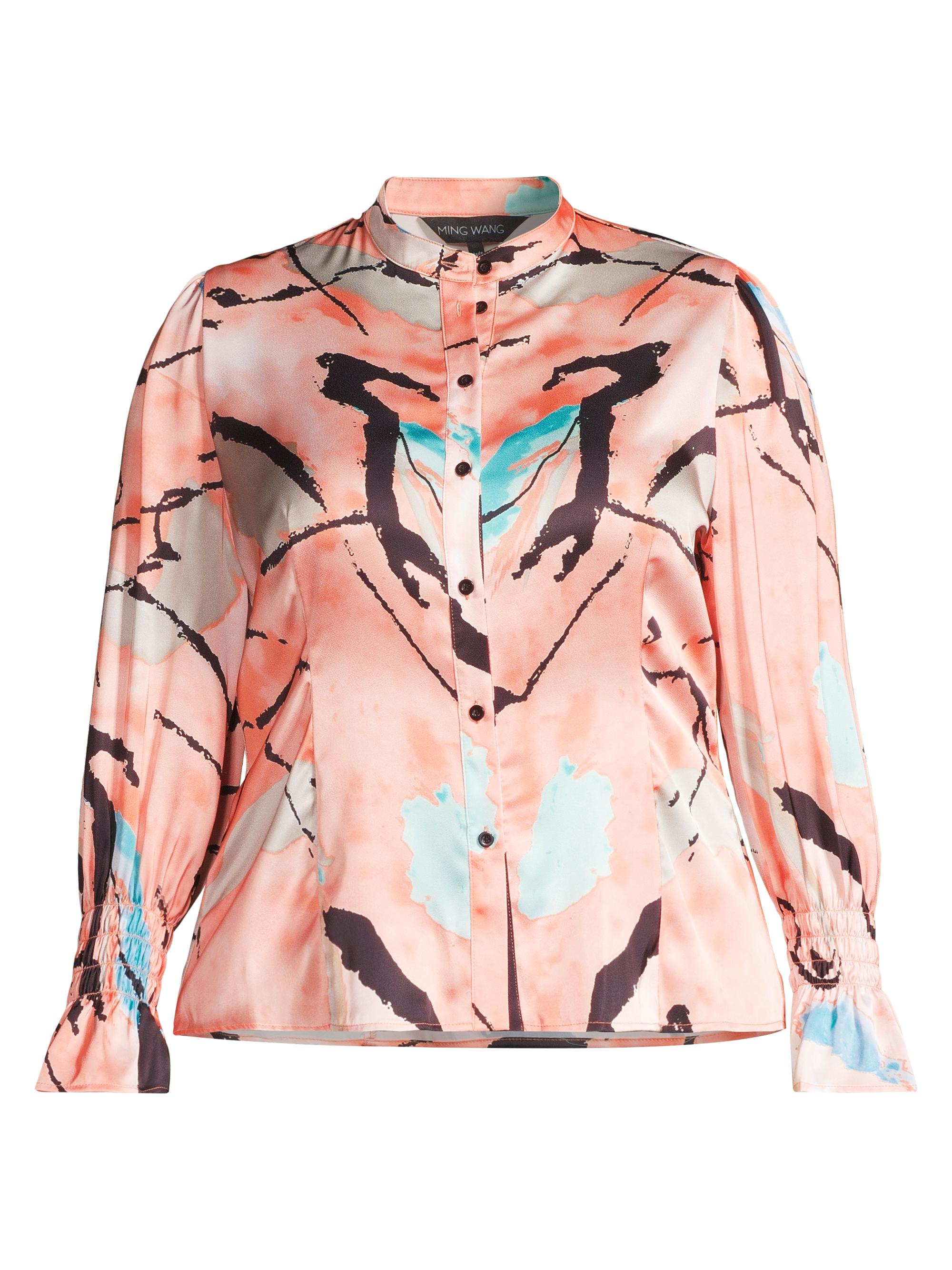 Ming Wang Women's Plus Abstract Poet-Sleeve Blouse - Coral Multi