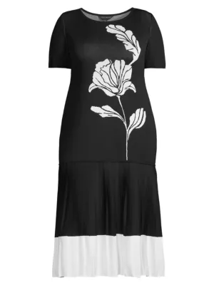 Ming Wang Women's Plus Mix Media Drop-Waist Midi-Dress - Black White