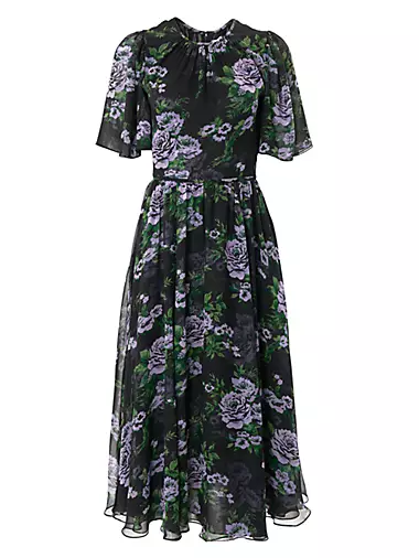 Silk Floral Short-Sleeve Midi-Dress