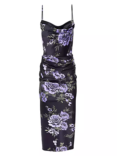 Floral Satin Cowl-Neck Midi-Dress