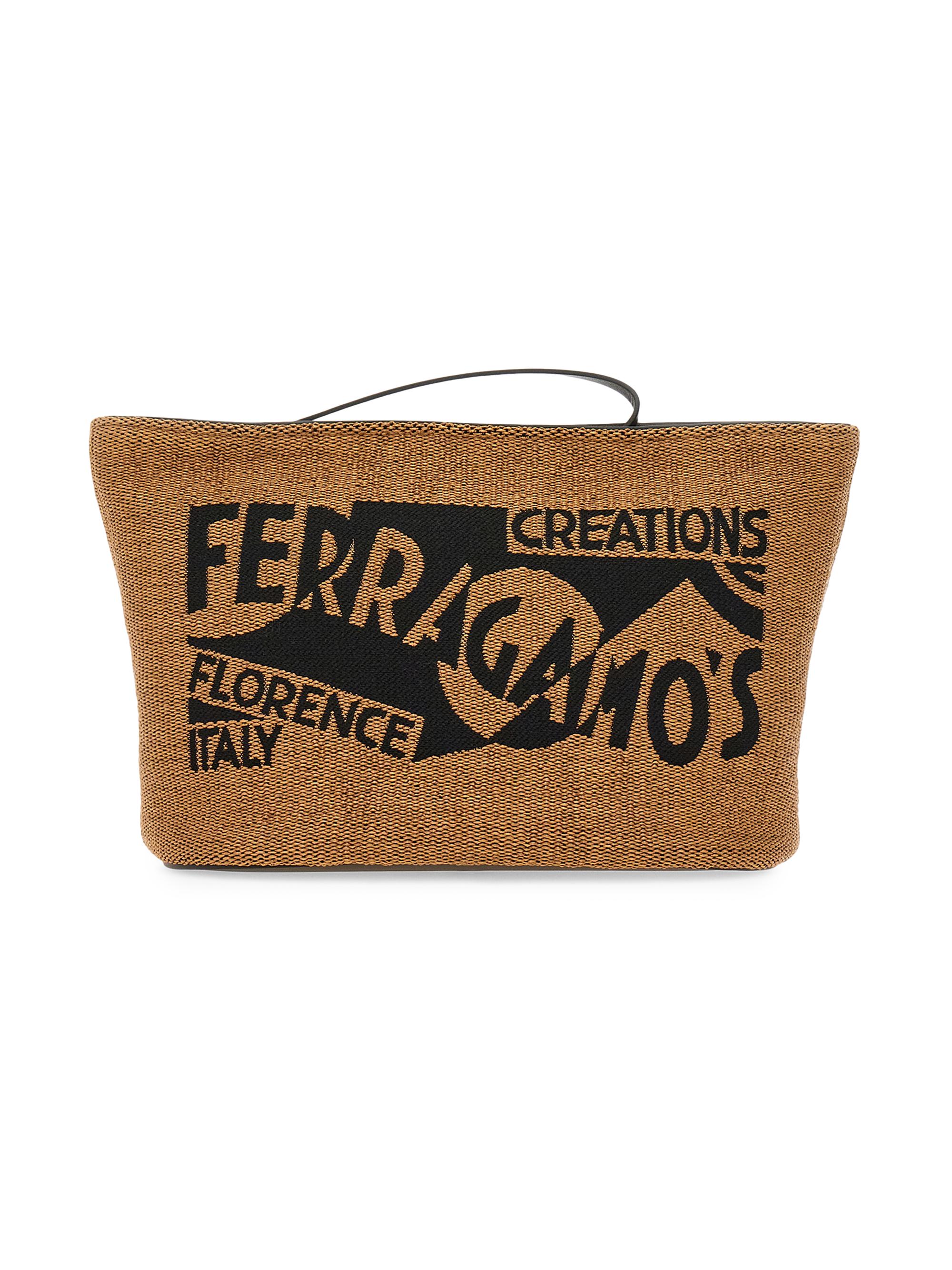 FERRAGAMO Women's F. Signature Raffia & Leather Pouch - Natural Nero