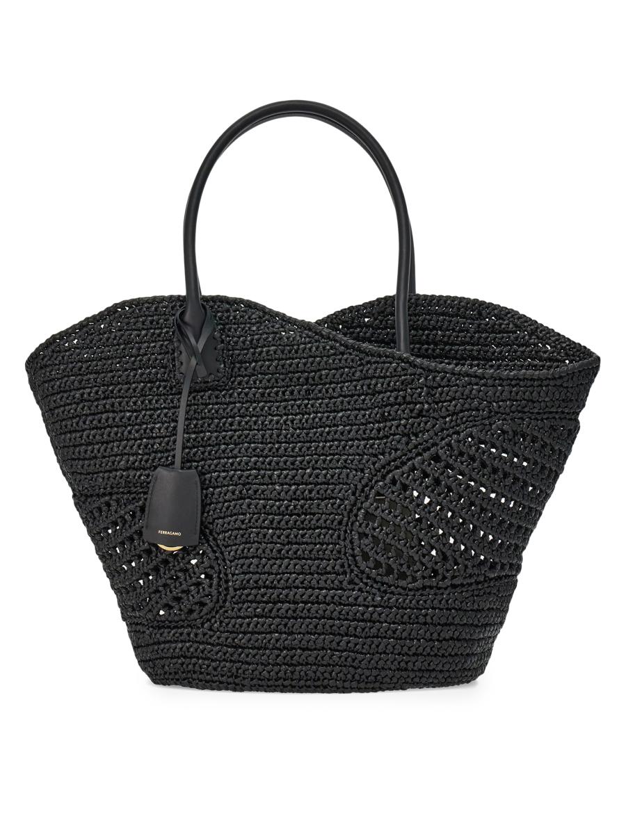 トートバッグ Salvatore Ferragamo Raffia And Leather Big Shopping Bag FERRAGAMO Large F. Signature Raffia & Leather Tote Bag