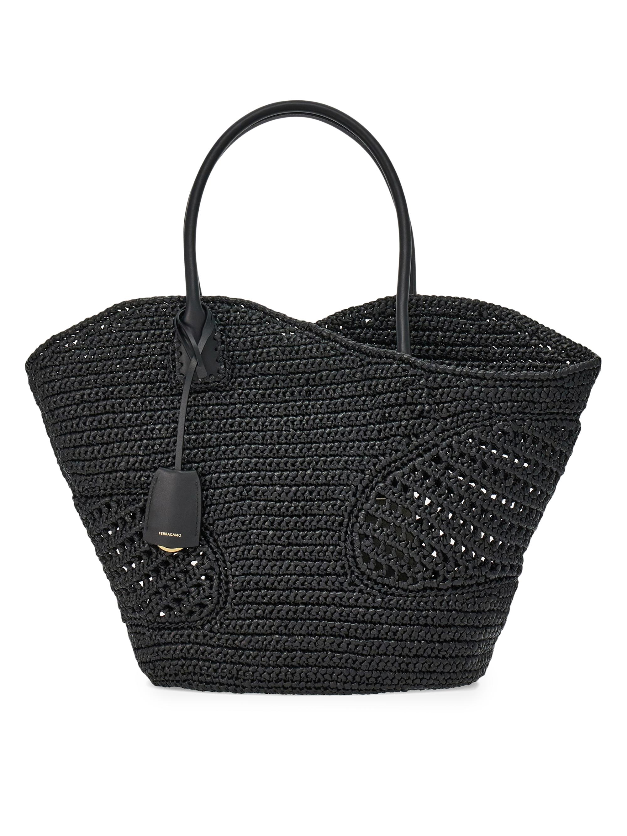 FERRAGAMO Women's  Cut-Out Raffia Tote Bag - Nero