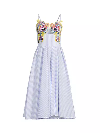 Embroidered Dove Stripe Cotton Midi-Dress