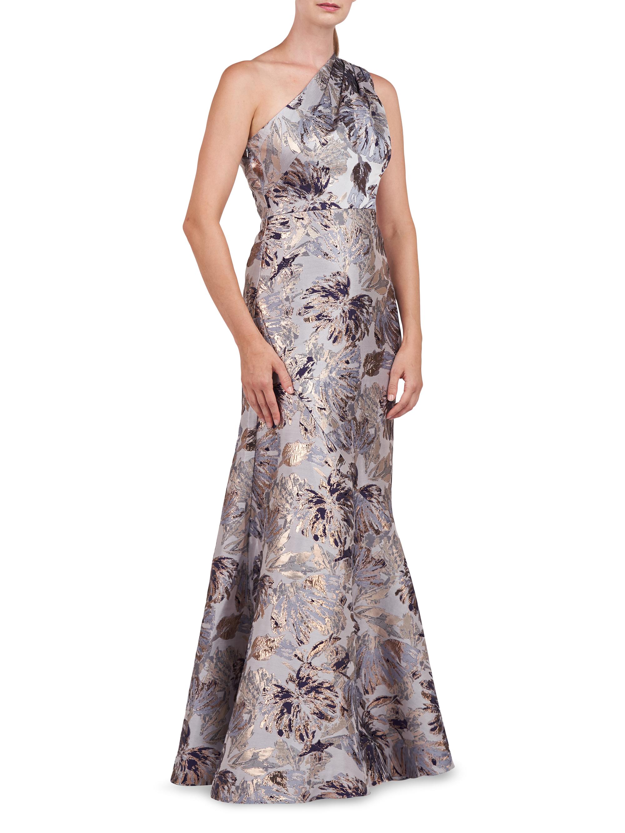 Kay Unger Gianella Metallic Floral Jacquard One-Shoulder