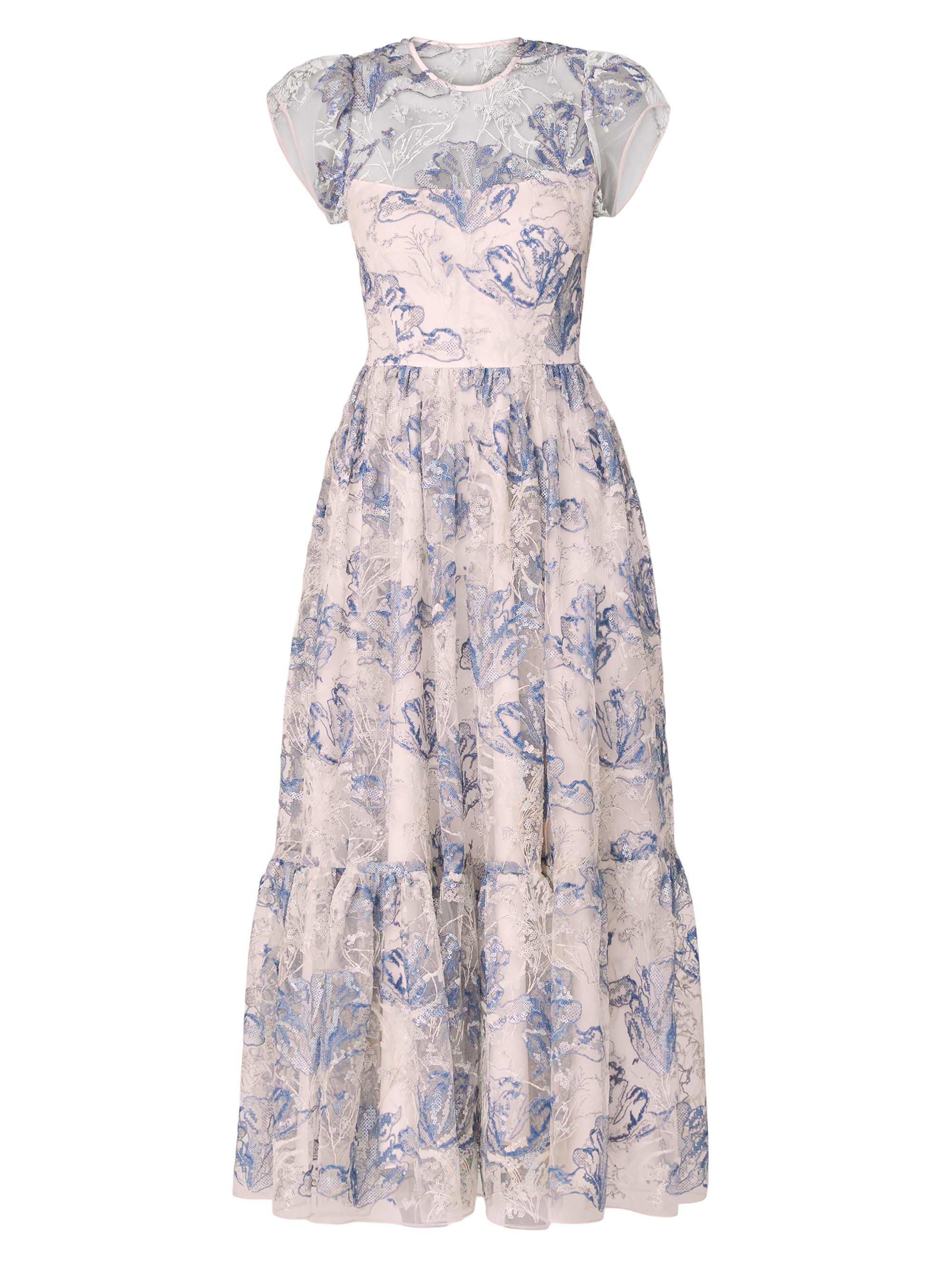 Shoshanna Women's Josephina Floral Mesh Midi-Dress - Beige Light Blue Navy