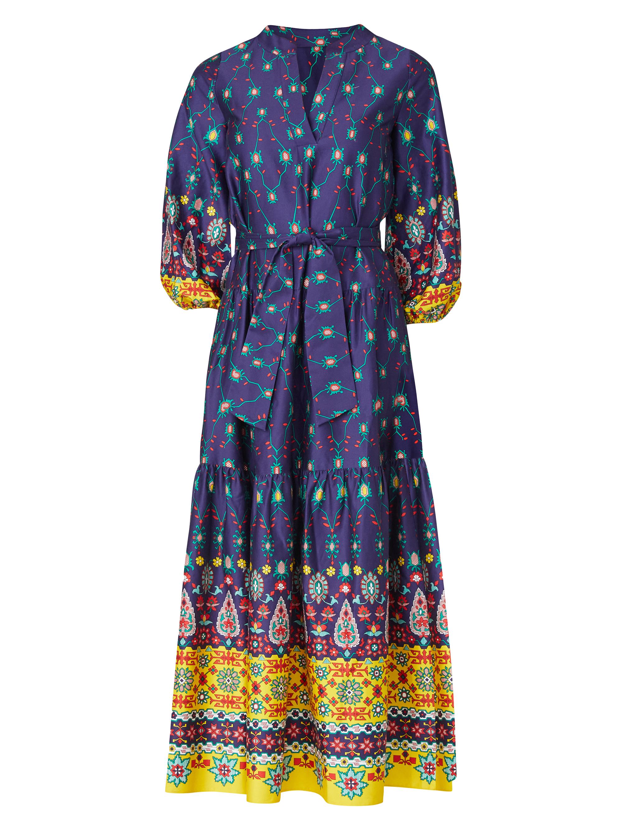 Shoshanna Women's Clare Printed Puff-Sleeve Midi-Dress - Lemon Navy Multi