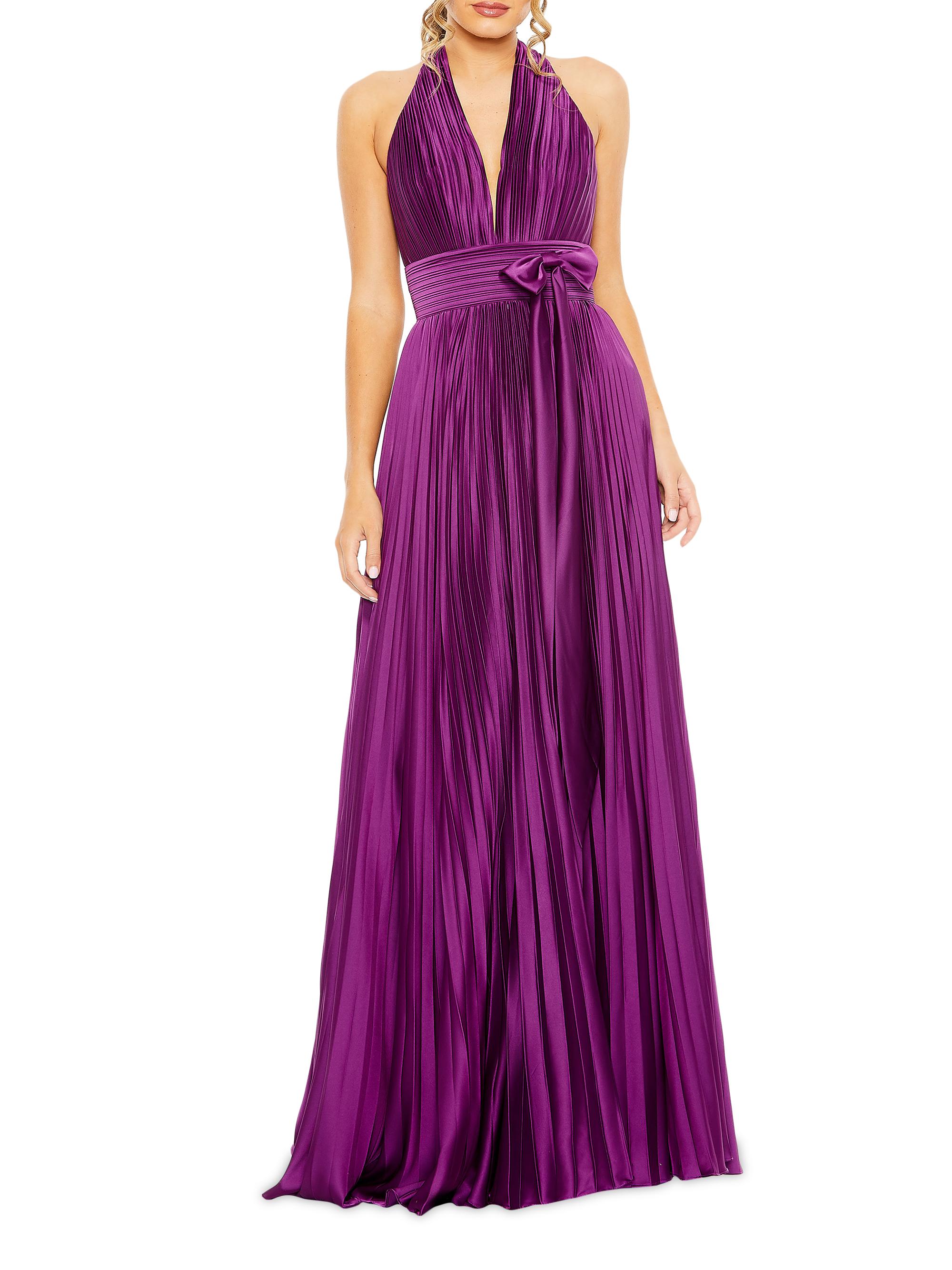 Mac Duggal Women's Satin Pleated Halter Maxi Dress - Plum