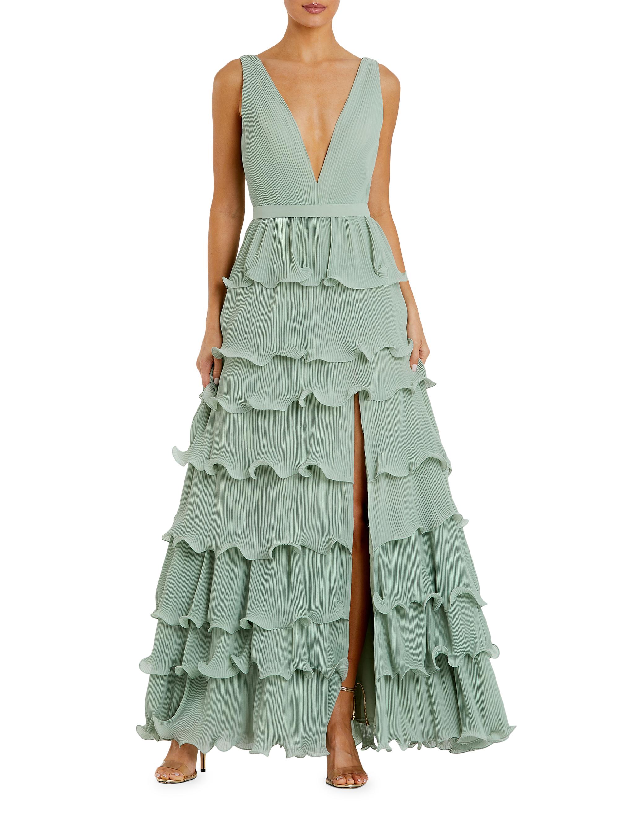 Mac Duggal Women's Ruffled V-Neck Tiered Maxi Dress - Sage