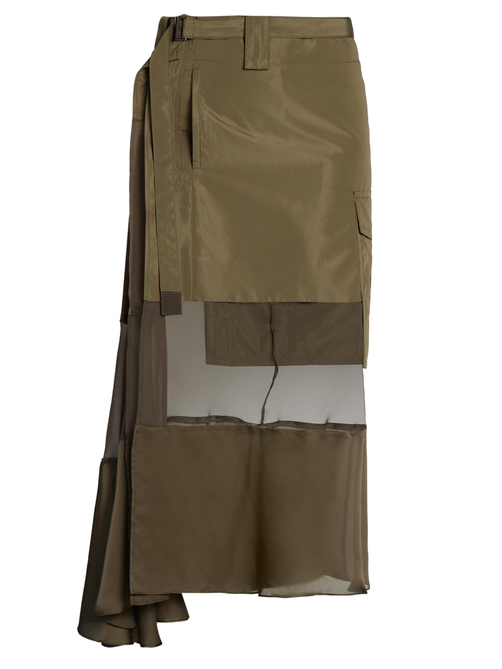 Sacai Women's Belted Semi-Sheer Midi-Skirt - Khaki